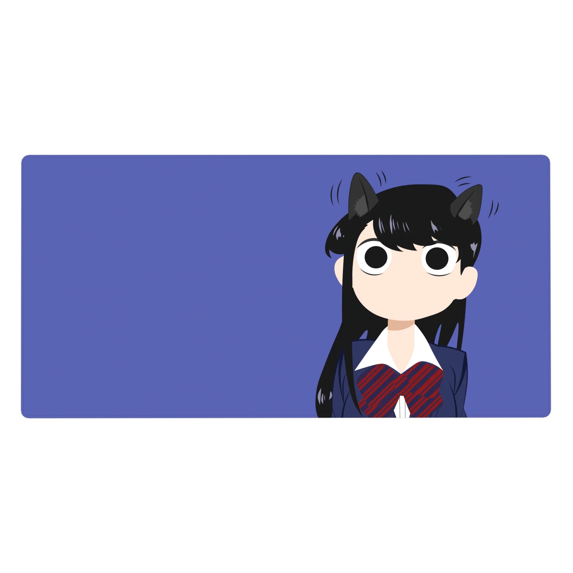 Anime girl desk pad 40x20 inches with cat-ear Komi on violet background, navy uniform and red bow.