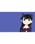 Anime girl desk pad 40x20 inches with cat-ear Komi on violet background, navy uniform and red bow.