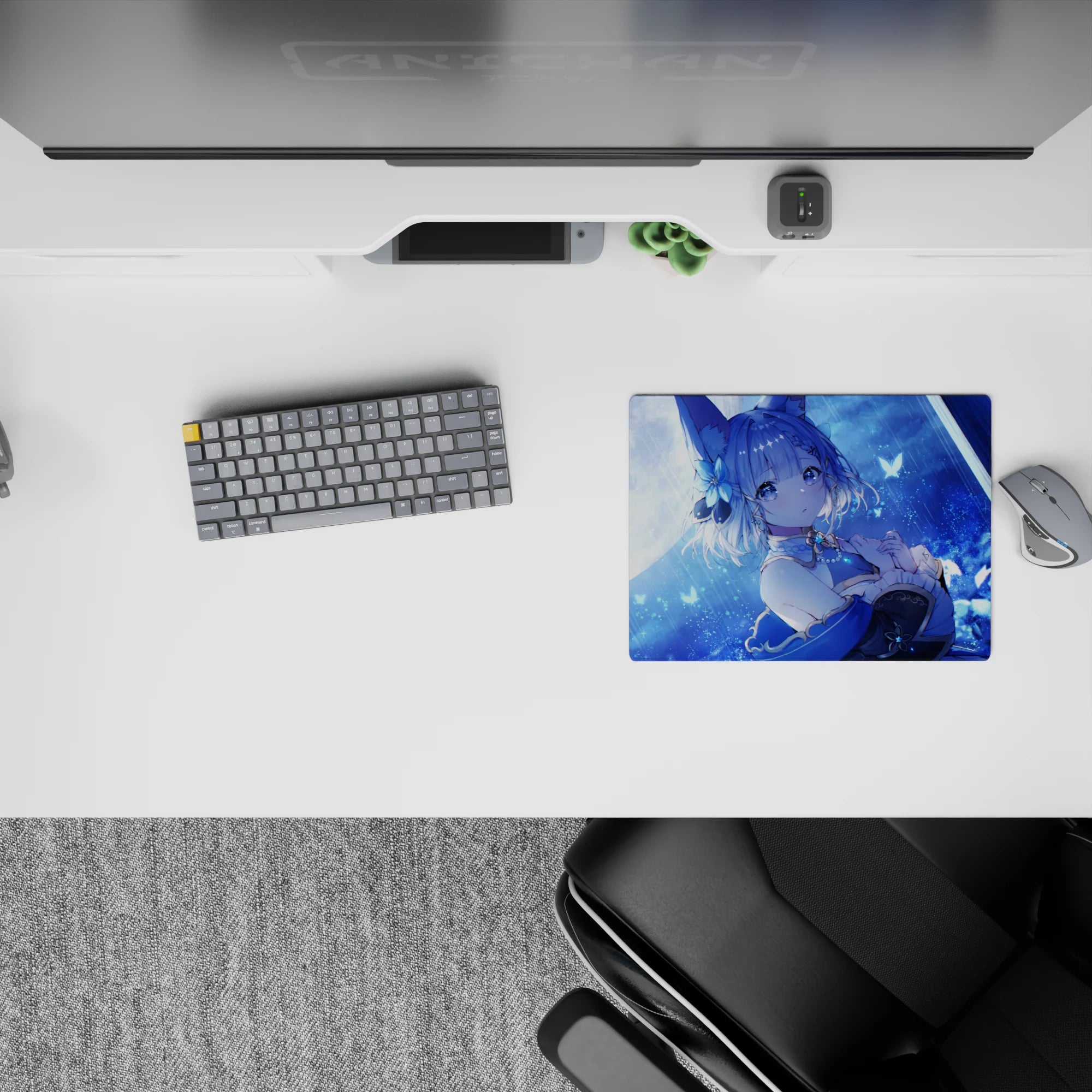 Icy blue midnight anime mouse pad 14x10 inches with moonlight glow, soft rain, calm cozy vibe.