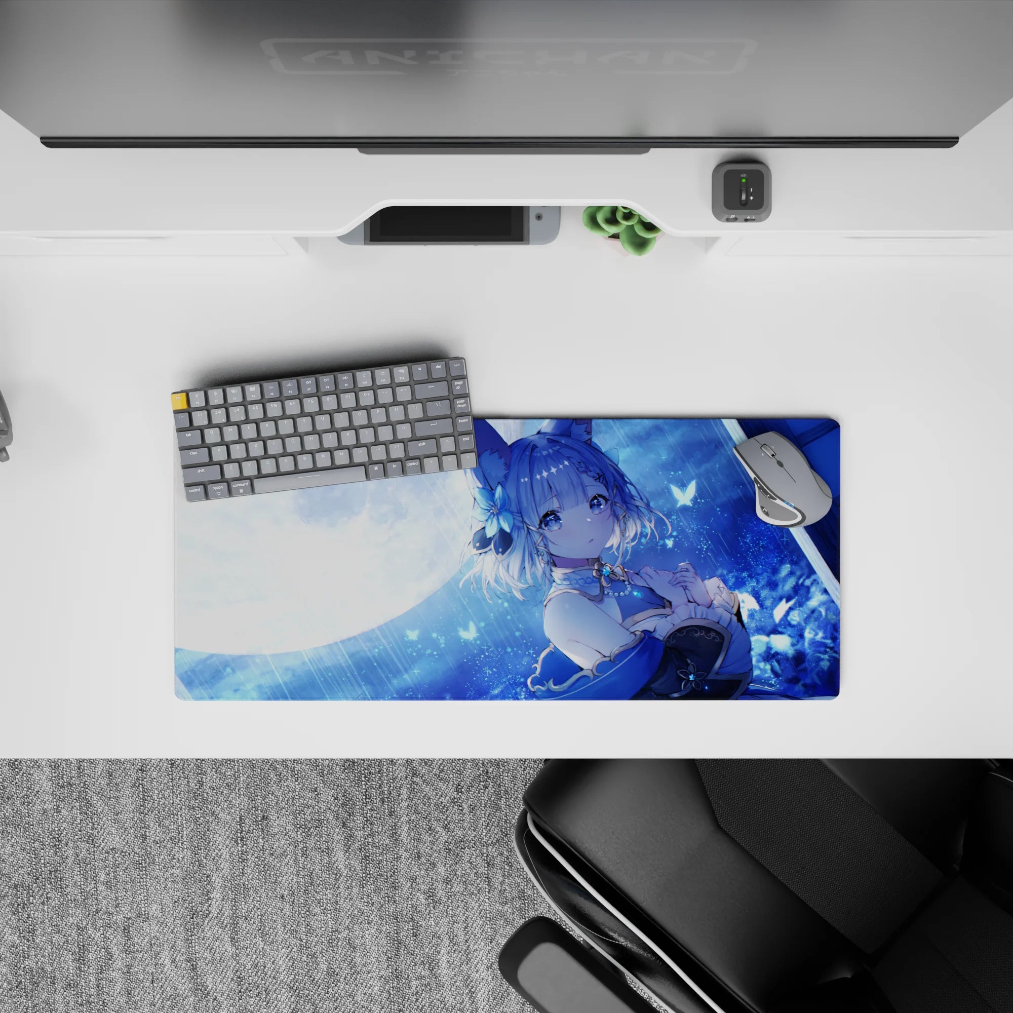 Moonlit blue anime girl mouse pad 28x12 inches with soft rain glow, icy tones, and cozy midnight vibe.