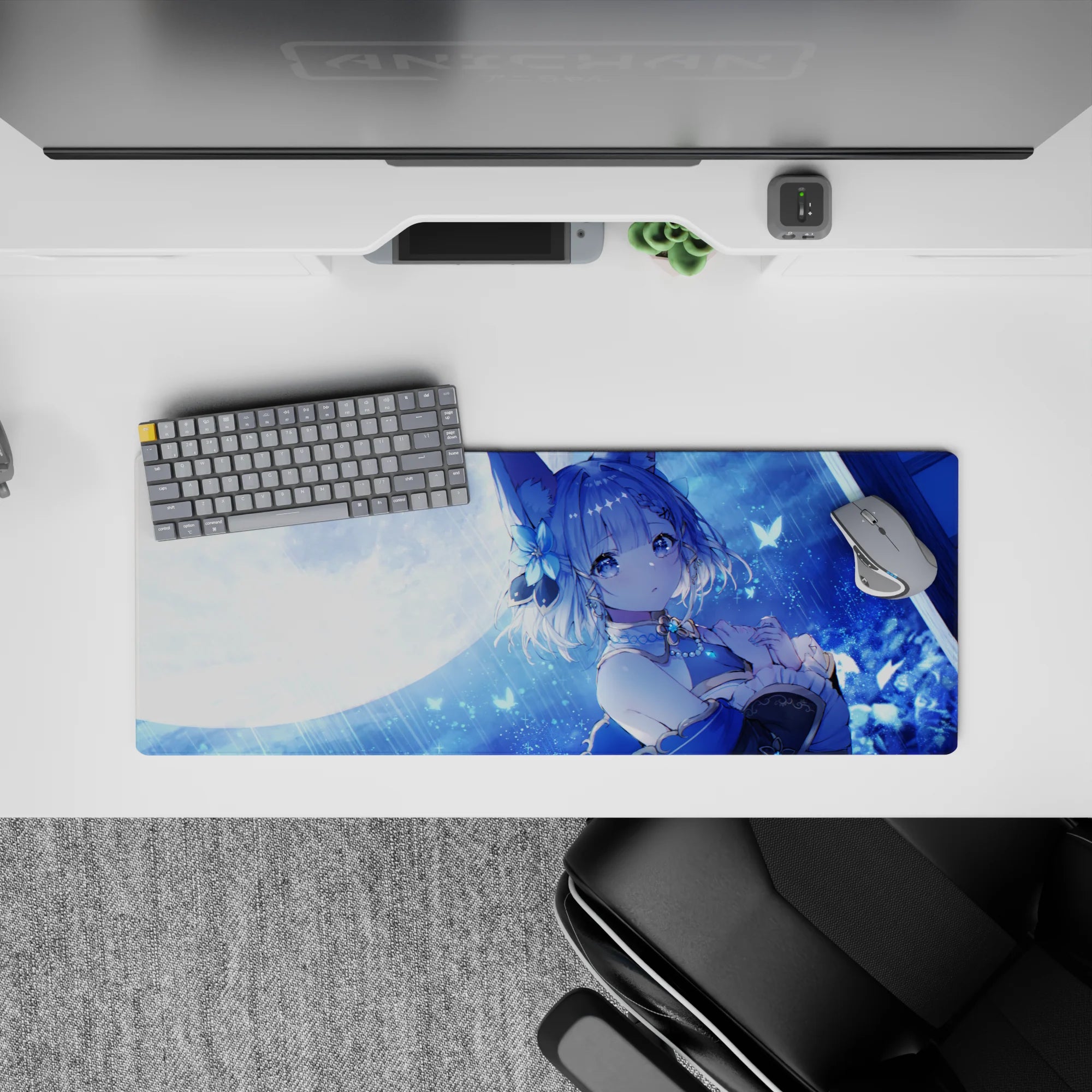 32x12 inches desk mouse pad in icy blue moonlight with soft rain, glittery stars, calm midnight vibe.