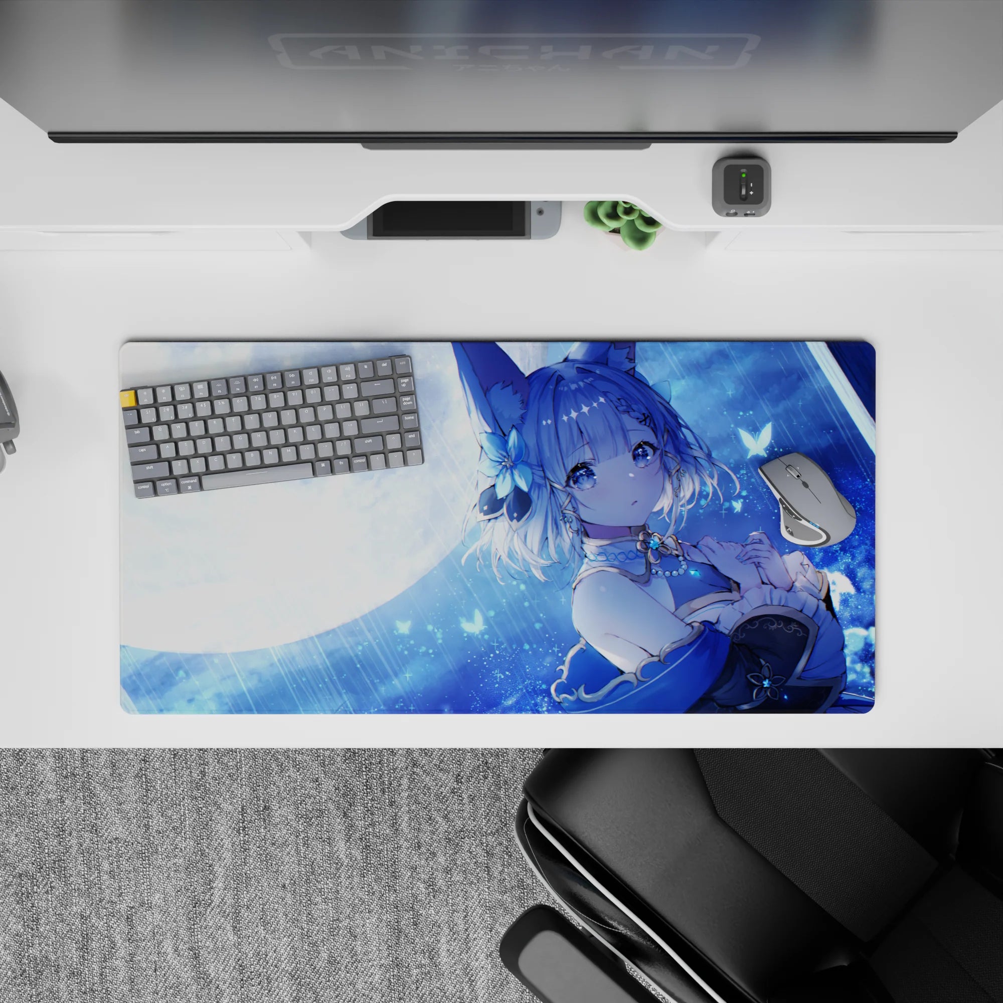 32x16 inches anime mouse pad in icy blue midnight tones with glittery stars and calm cozy vibe.