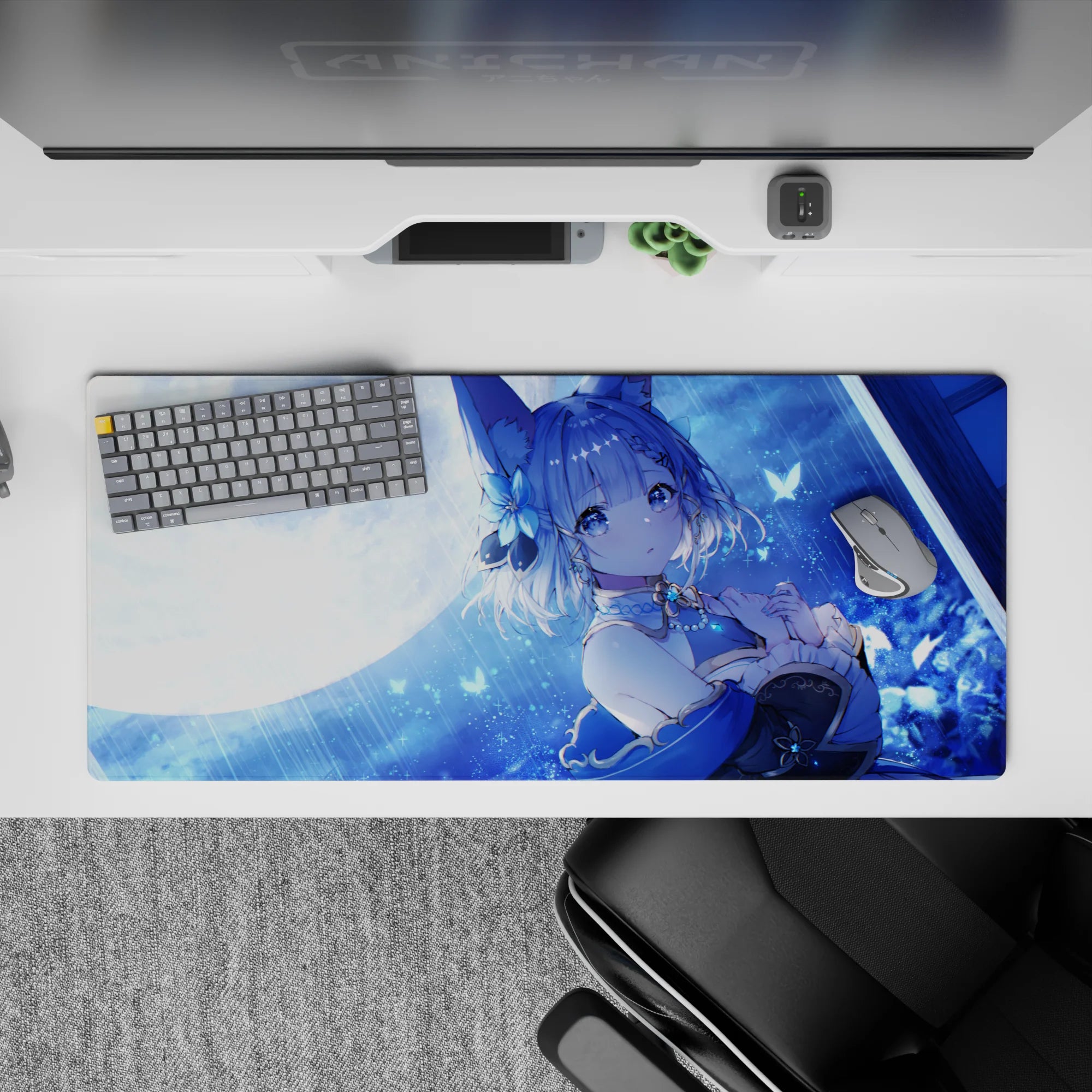 36x16 inches anime desk pad in icy blue midnight tones with soft rain, glittery stars, cozy calm vibe.
