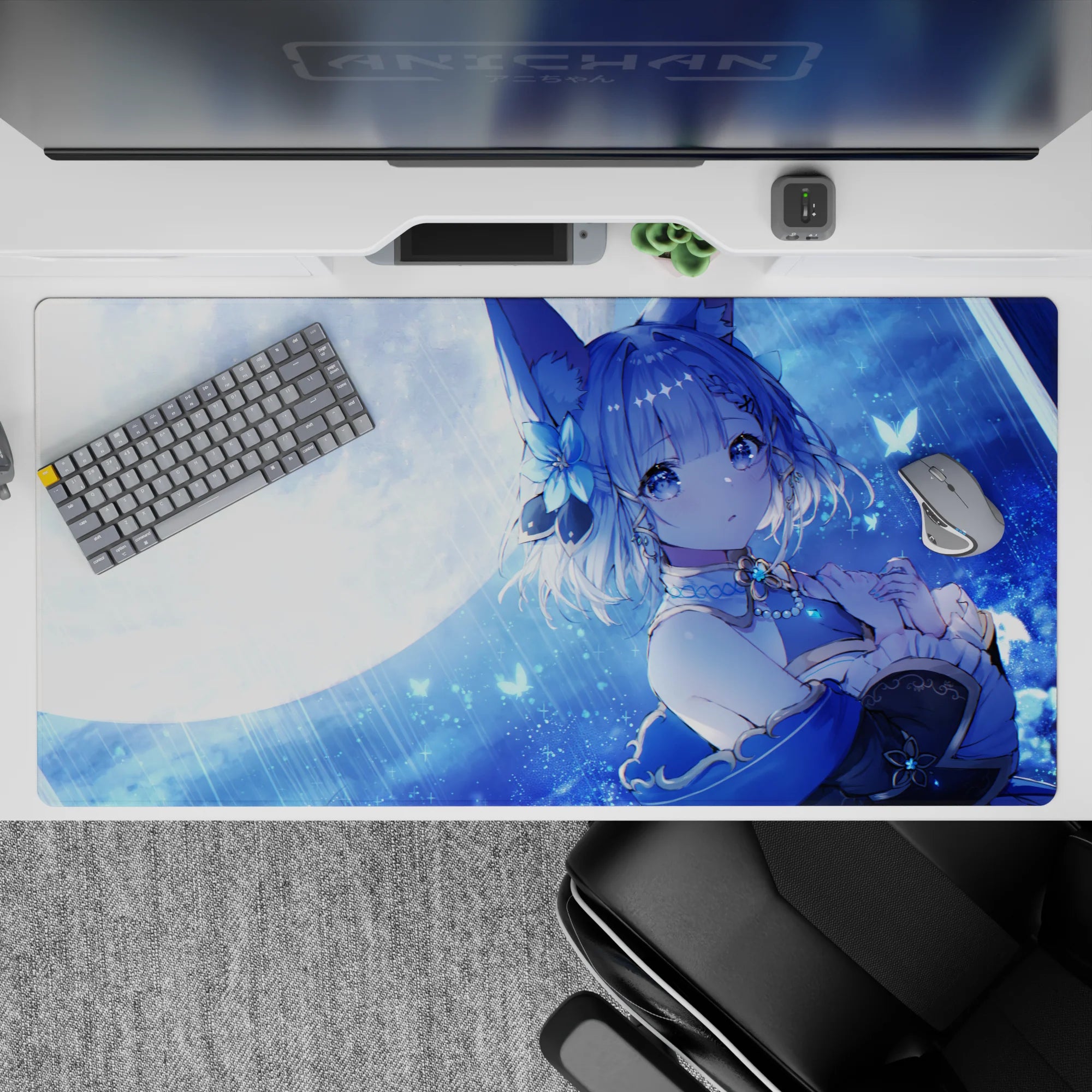 40x20 inches desk pad in icy blues with cozy midnight glow, glittery stars, and calming anime aesthetic.