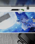 40x20 inches desk pad in icy blues with cozy midnight glow, glittery stars, and calming anime aesthetic.