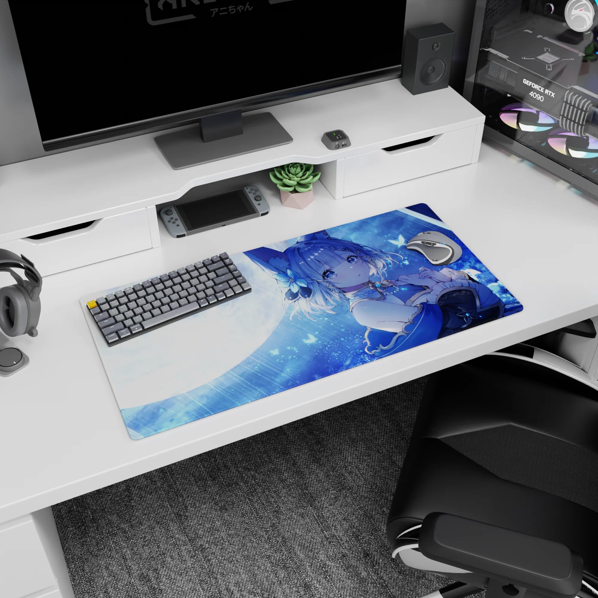 32x16 inches mouse pad showing a fox-eared anime girl under moonlight rain with glowing butterflies.