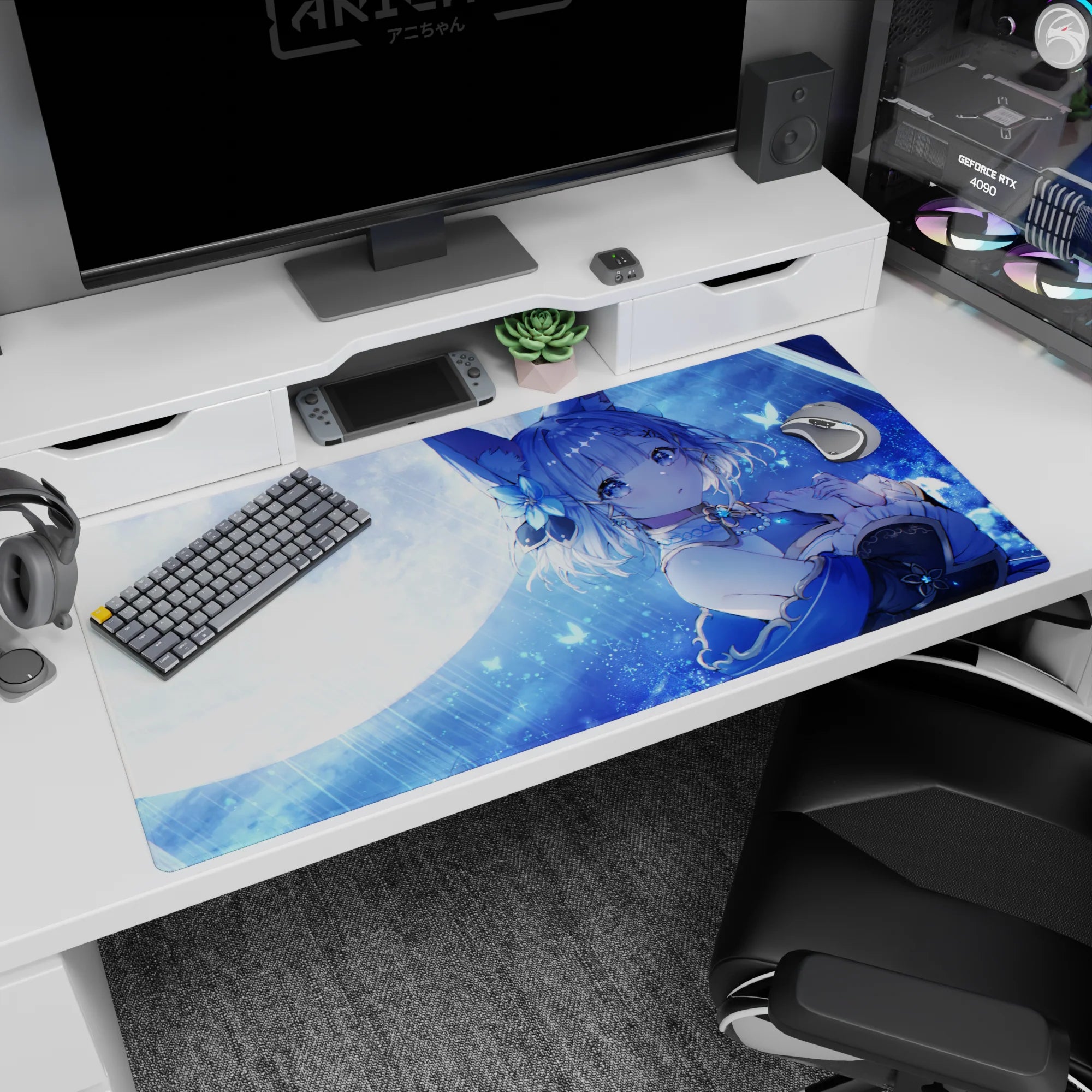 40x20 inches anime desk pad featuring a fox-eared girl under moonlight and soft rain with glowing butterflies.