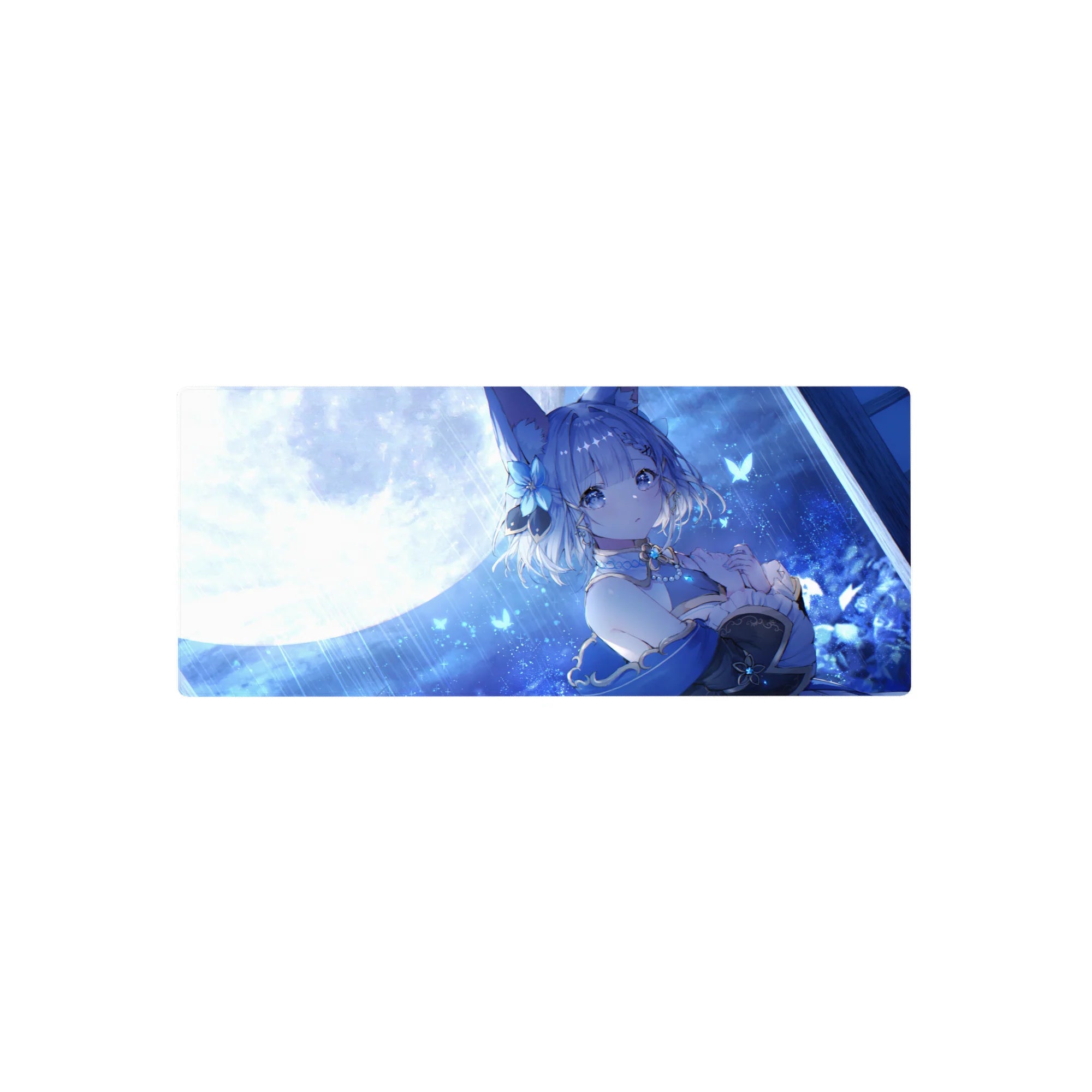Anime girl mouse pad 28x12 inches with fox-eared heroine, butterflies, stars, ribbons, and jewelry accents.