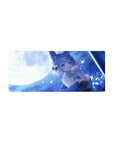 Anime girl mouse pad 28x12 inches with fox-eared heroine, butterflies, stars, ribbons, and jewelry accents.