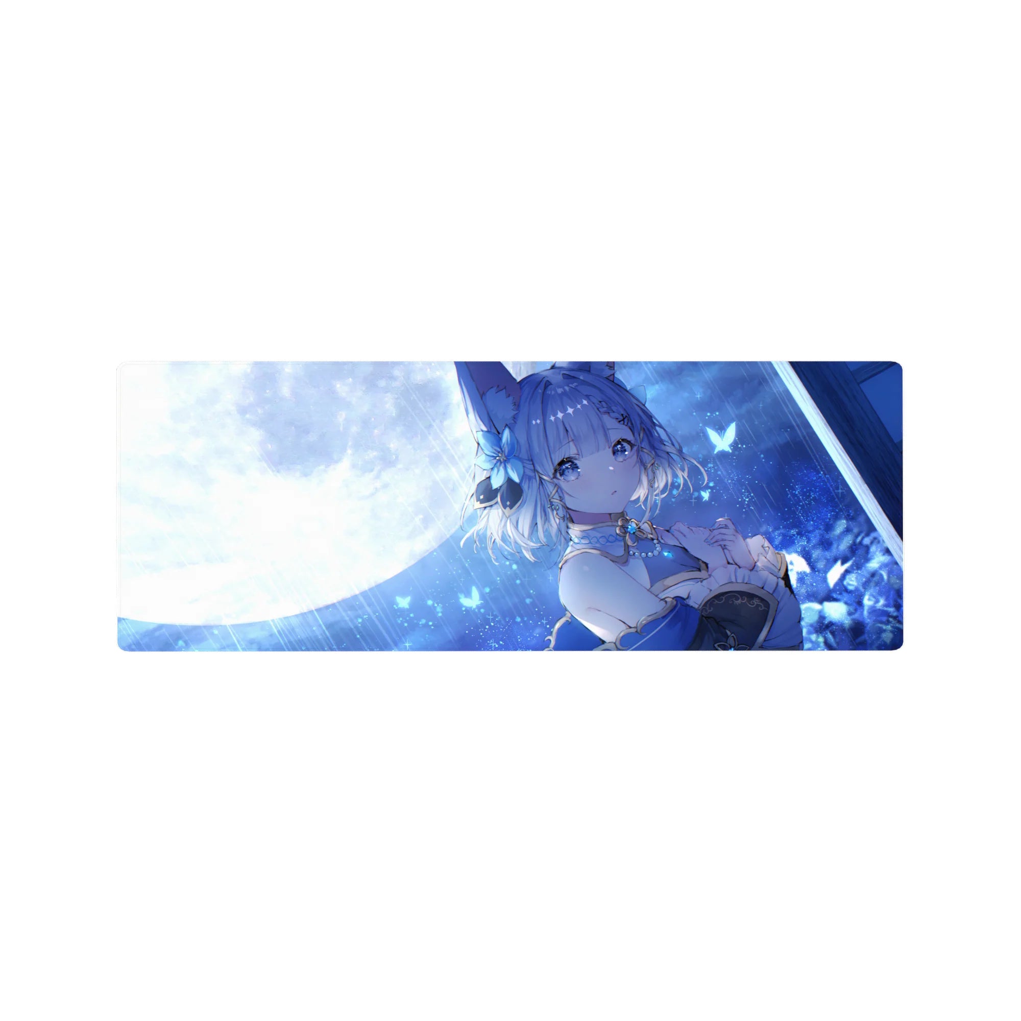 32x12 inches anime girl mouse pad with fox-eared girl, ribbons, jewelry, stars and glowing butterflies.