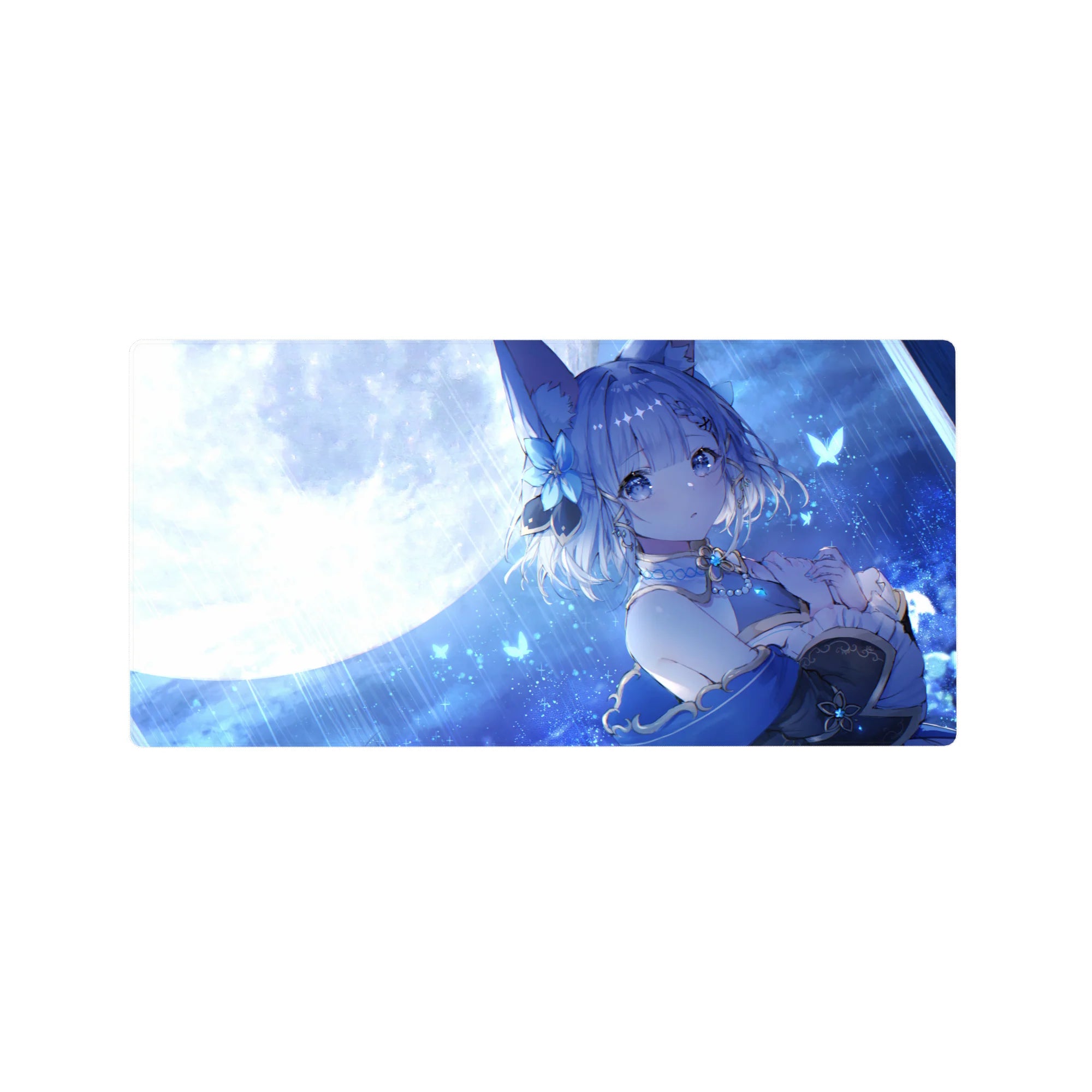 32x16 inches anime girl mouse pad with fox-eared character, moonlit rain, stars, butterflies, ribbons.