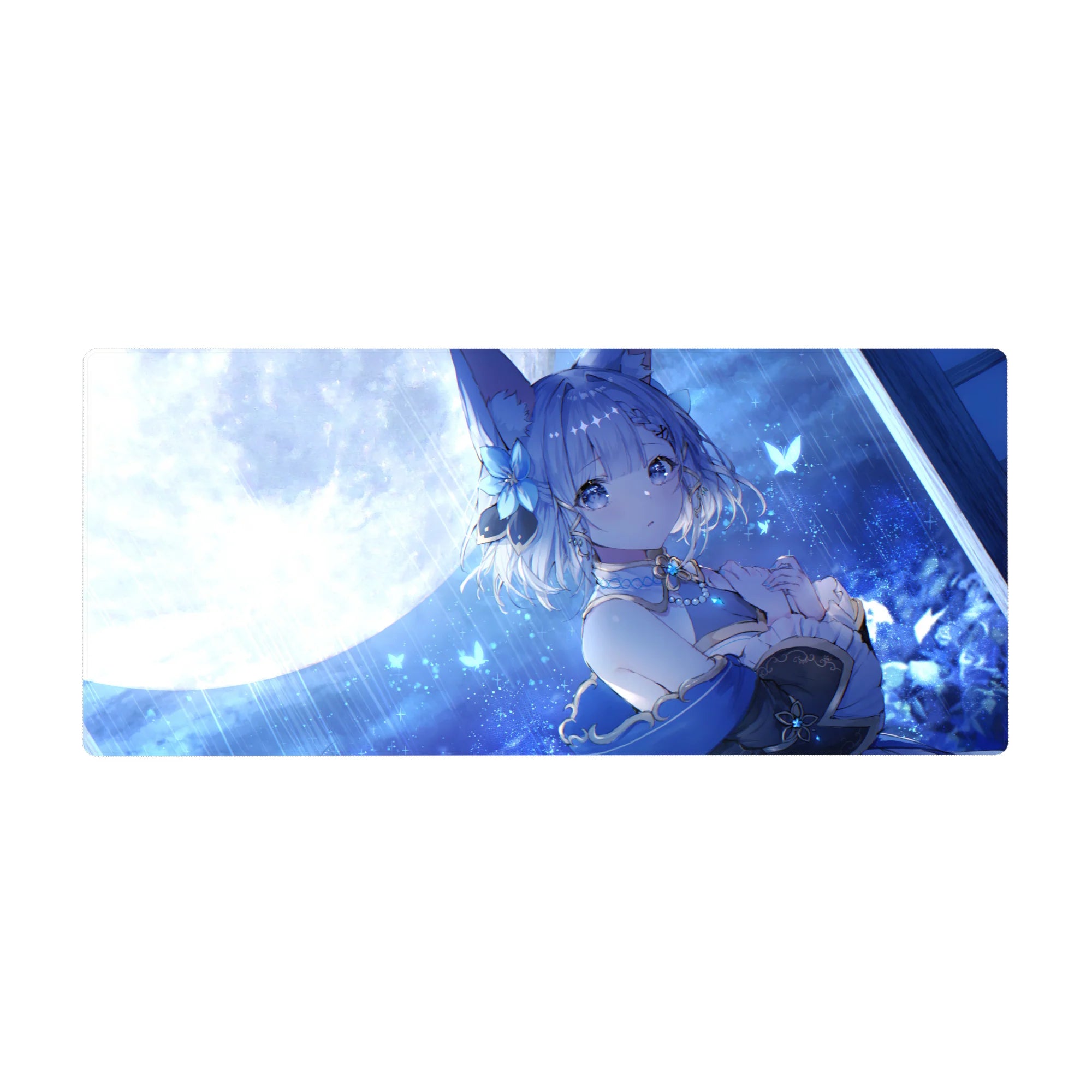 36x16 inches anime girl desk pad with fox-eared girl, moonlight rain, stars and glowing butterflies.
