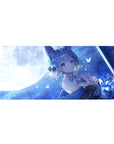36x16 inches anime girl desk pad with fox-eared girl, moonlight rain, stars and glowing butterflies.