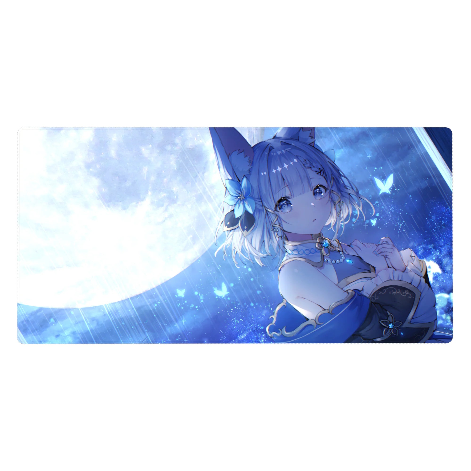 40x20 inches anime girl desk pad with moonlit rain, stars, butterflies, and elegant ribbon jewelry details.