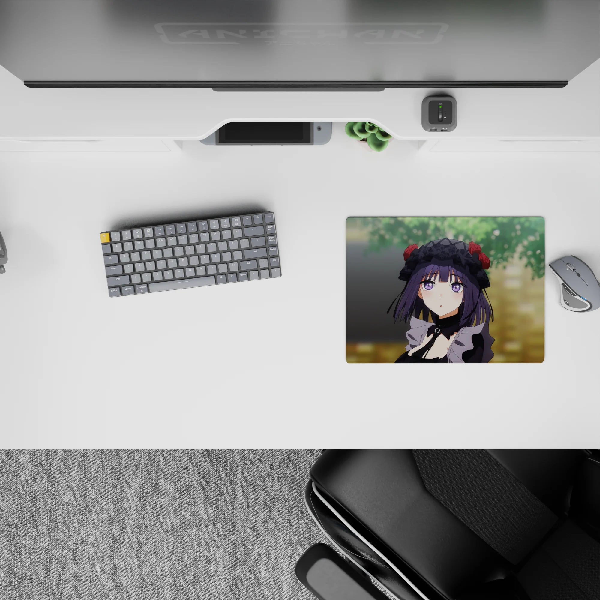 Cozy 14x10 inches anime mouse pad in deep purple and black with warm green background, dreamy vibe.