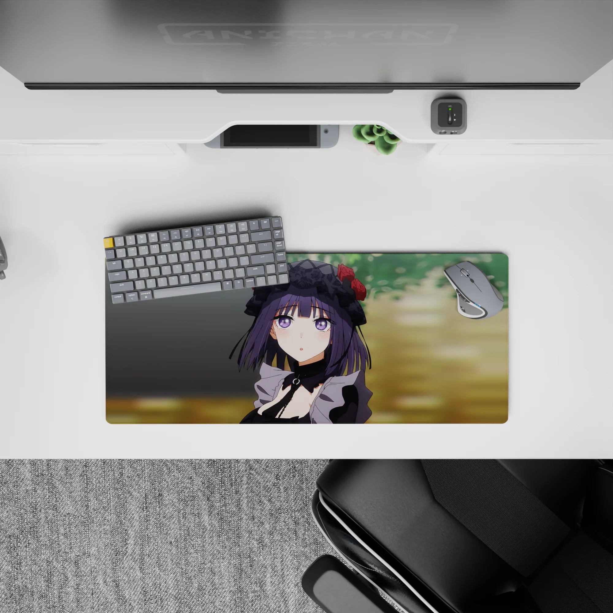 Purple hair and black lace, dreamy violet-eyed anime girl mouse pad 28x12 inches with calm green backdrop.
