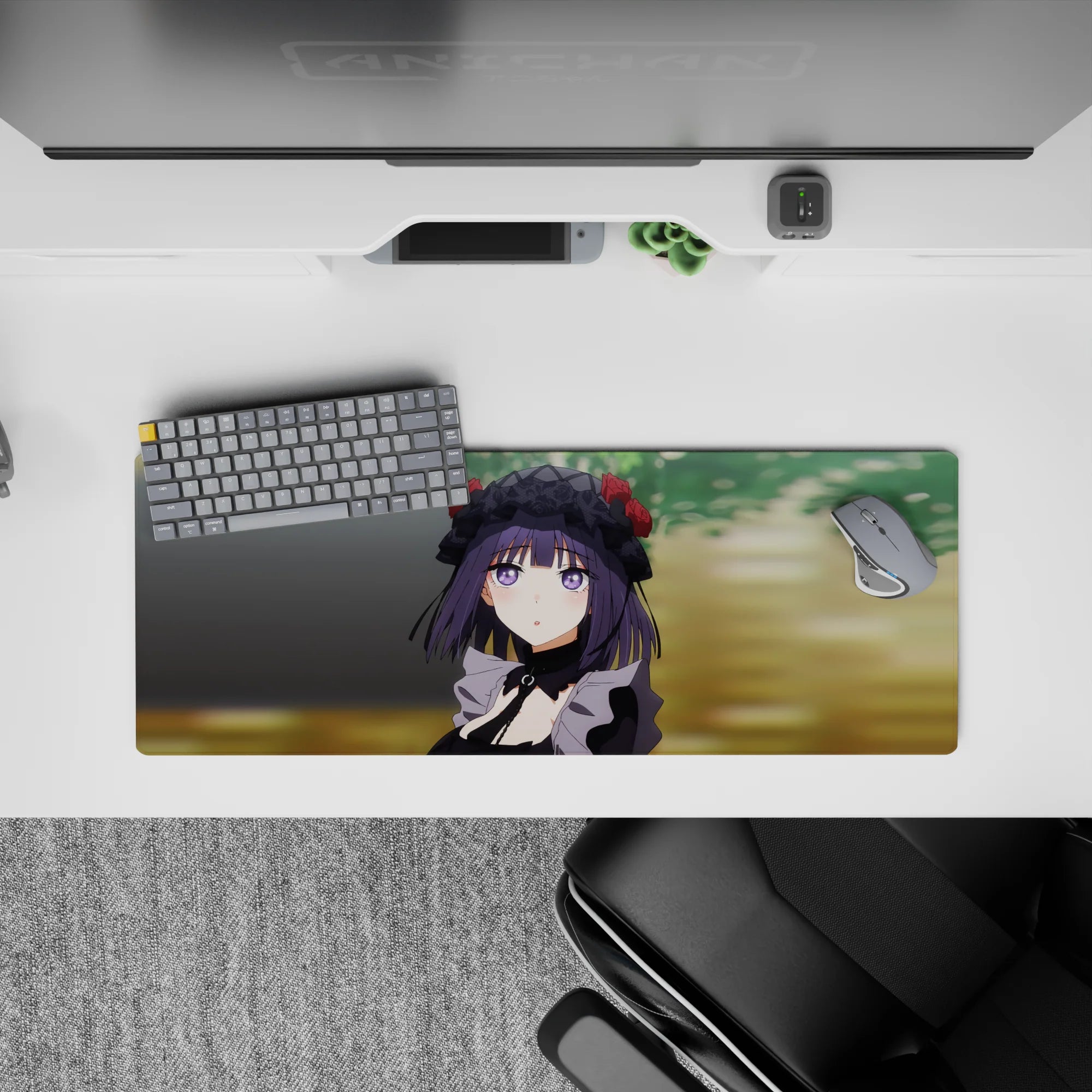 32x12 inches anime girl desk mouse pad in deep purple and black with warm green background, cozy mood.