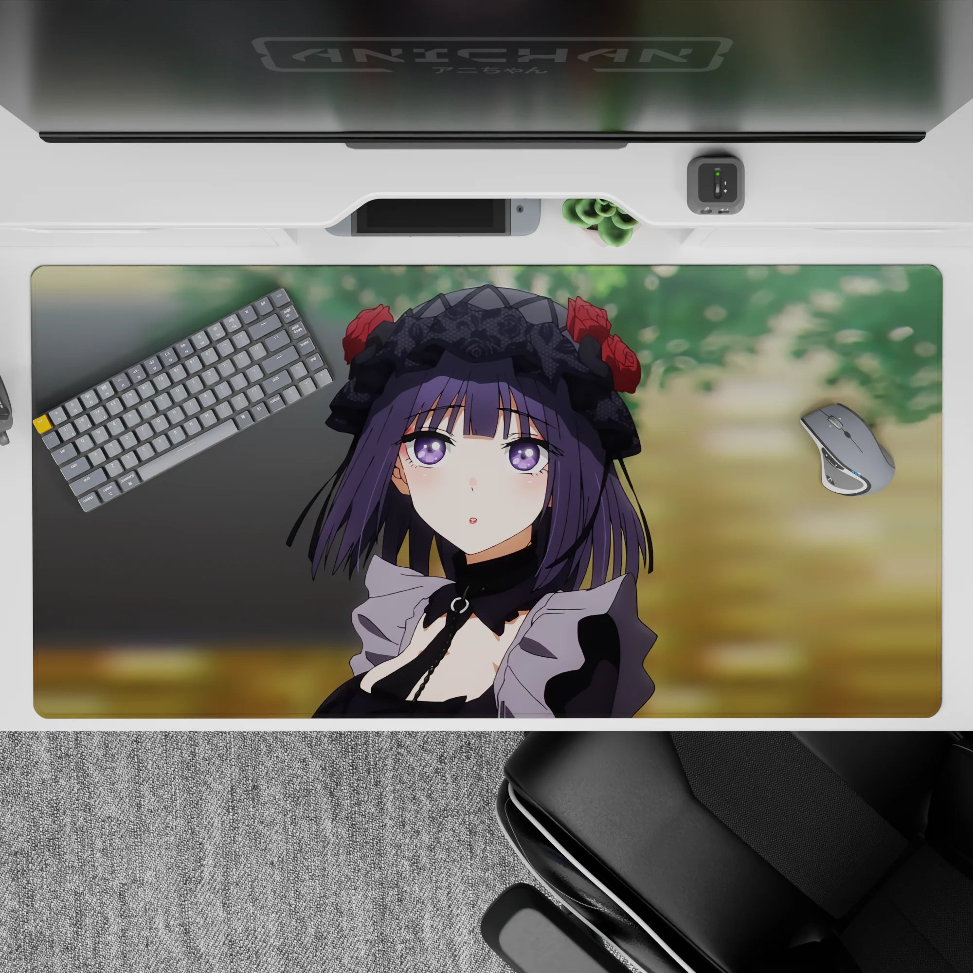 Cozy dark purple and black palette with warm blurred green background anime desk pad, 40x20 inches.