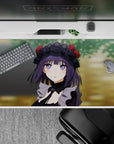 Cozy dark purple and black palette with warm blurred green background anime desk pad, 40x20 inches.