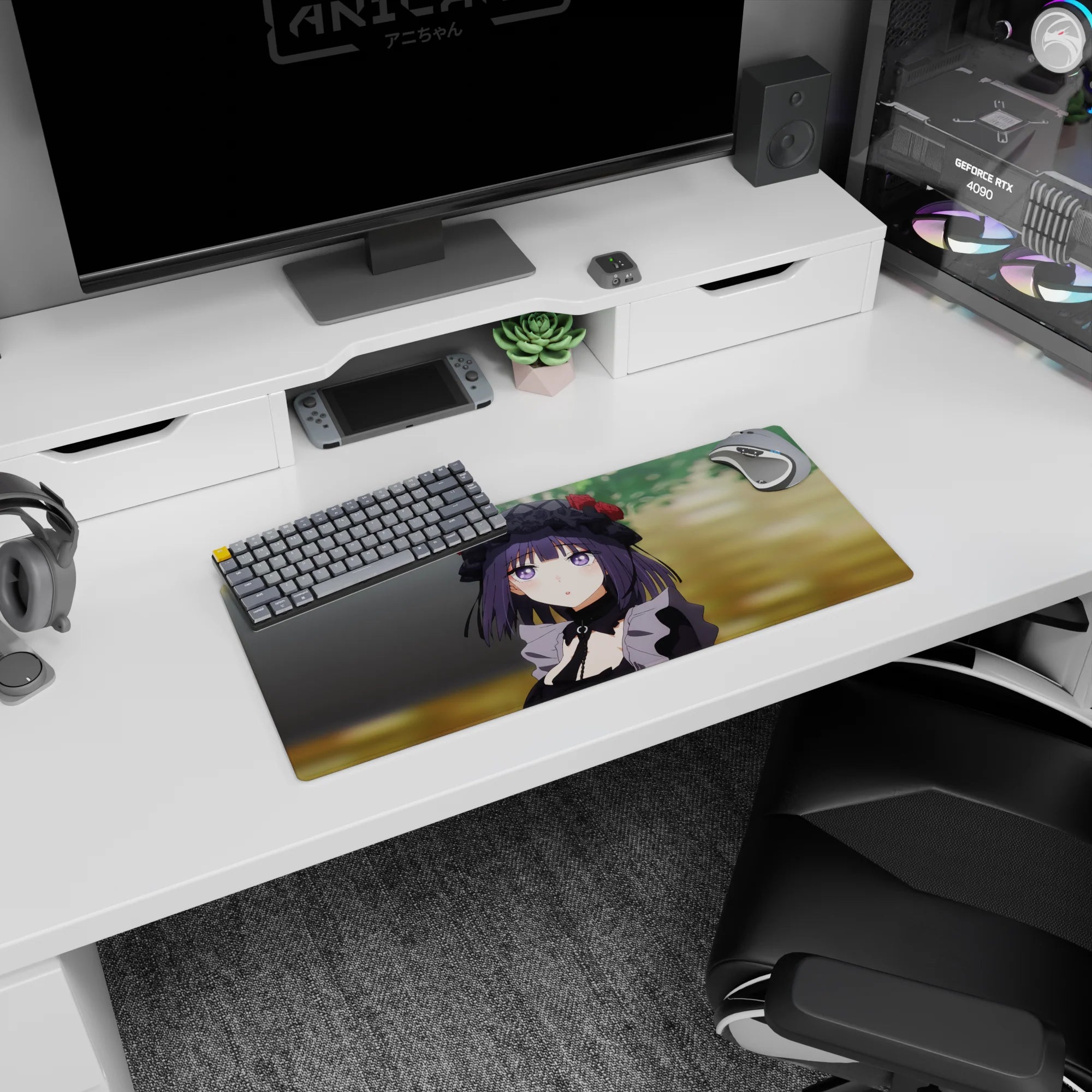 Rikka Takarada from SSSS.GRIDMAN gazing up on anime girl mouse pad 28x12 inches, lace bonnet detail.
