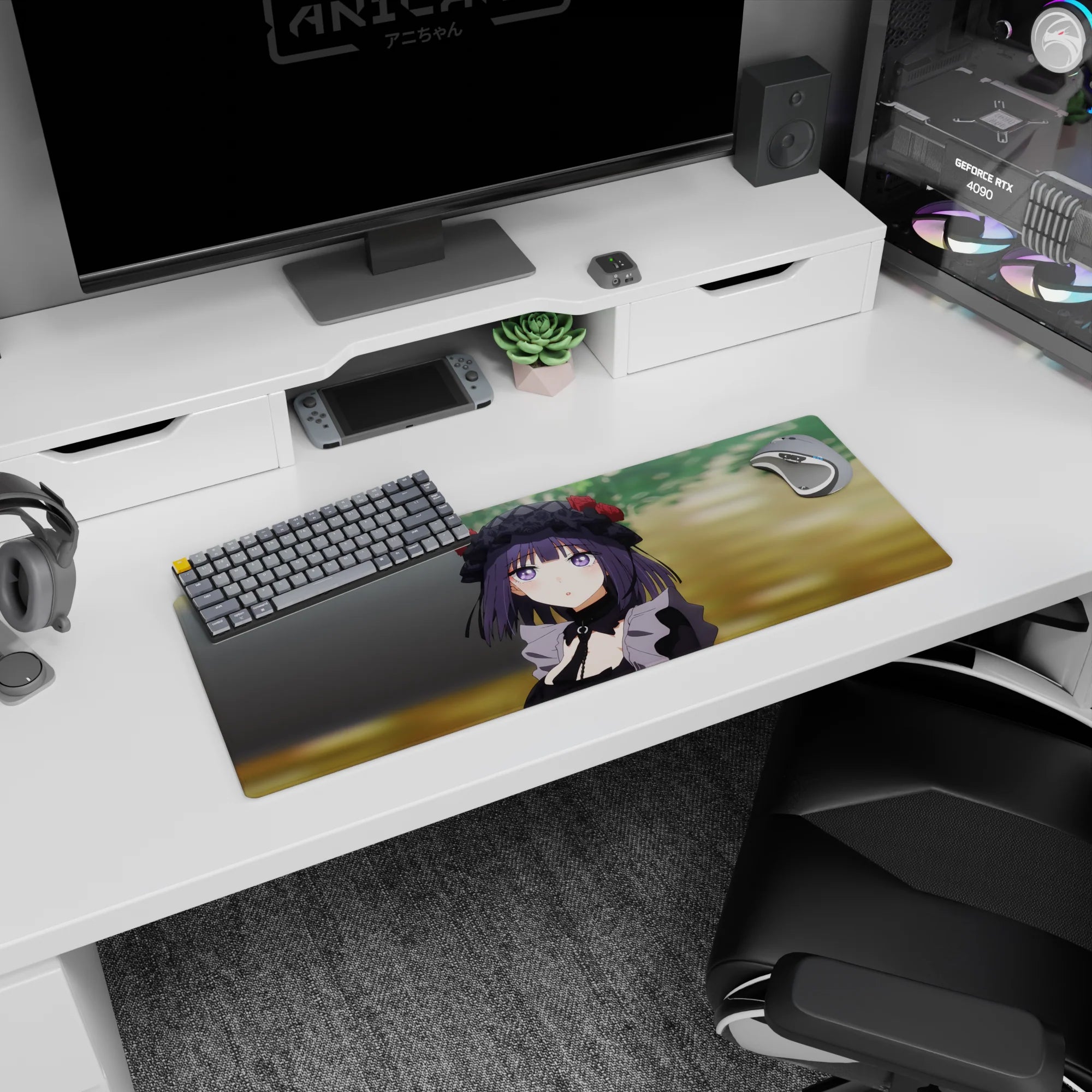 32x12 inches Rikka Takarada SSSS.GRIDMAN mouse pad, dreamy violet eyes looking up, black lace bonnet.