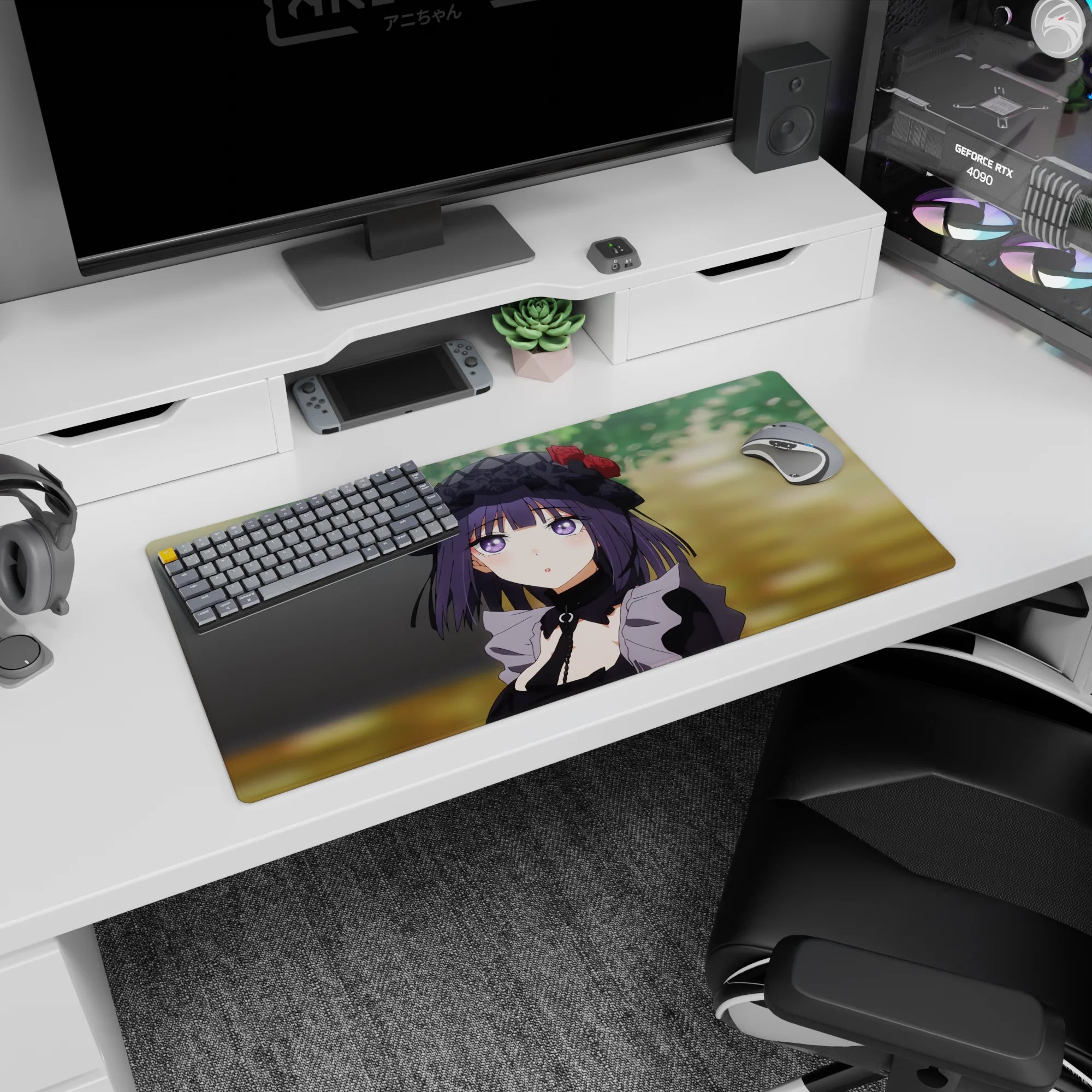 32x16 inches SSSS.GRIDMAN Rikka Takarada mouse pad, gazing up in black lace bonnet with tiny red roses.