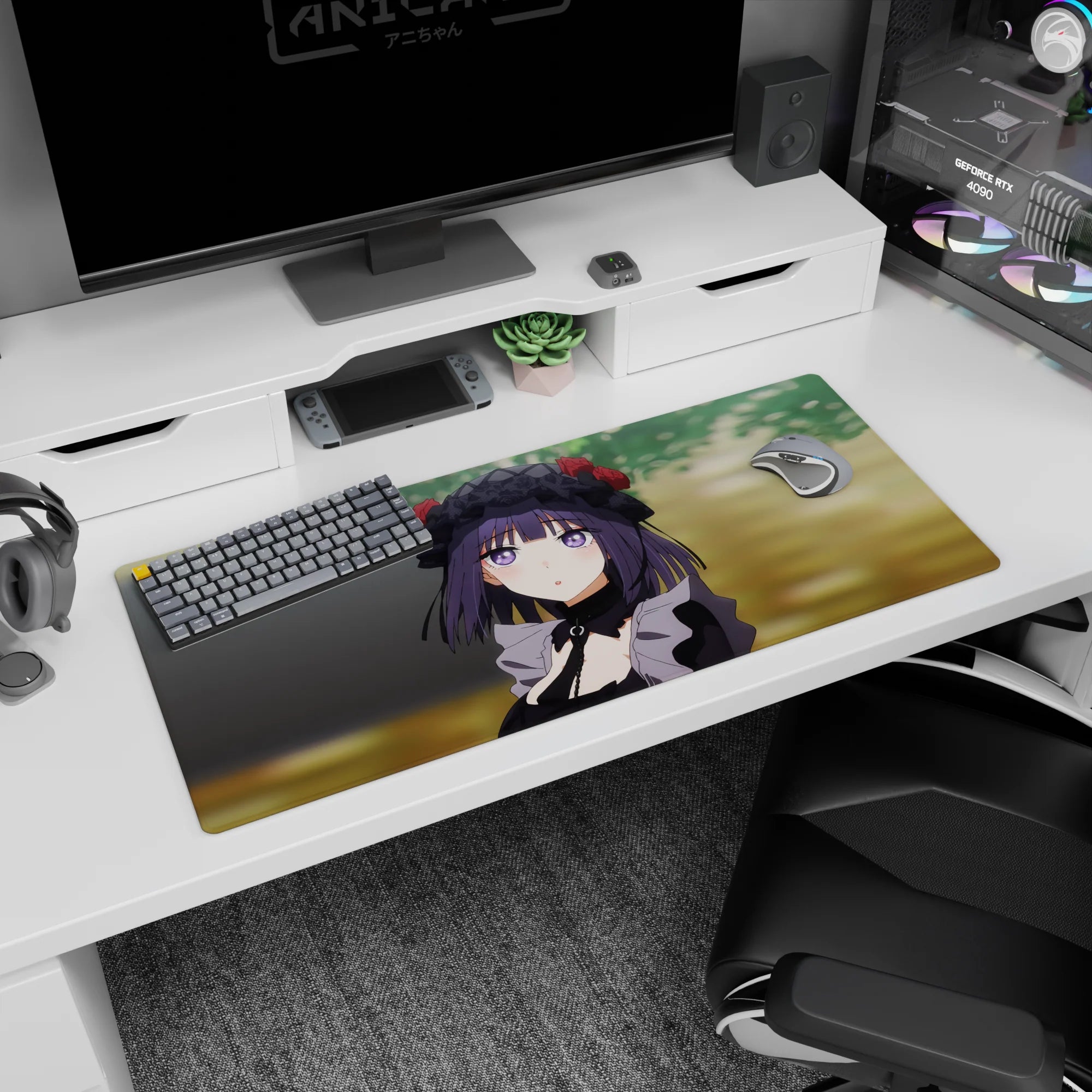 Rikka Takarada from SSSS.GRIDMAN on a 36x16 inches anime desk pad, gazing up in lace bonnet with roses.