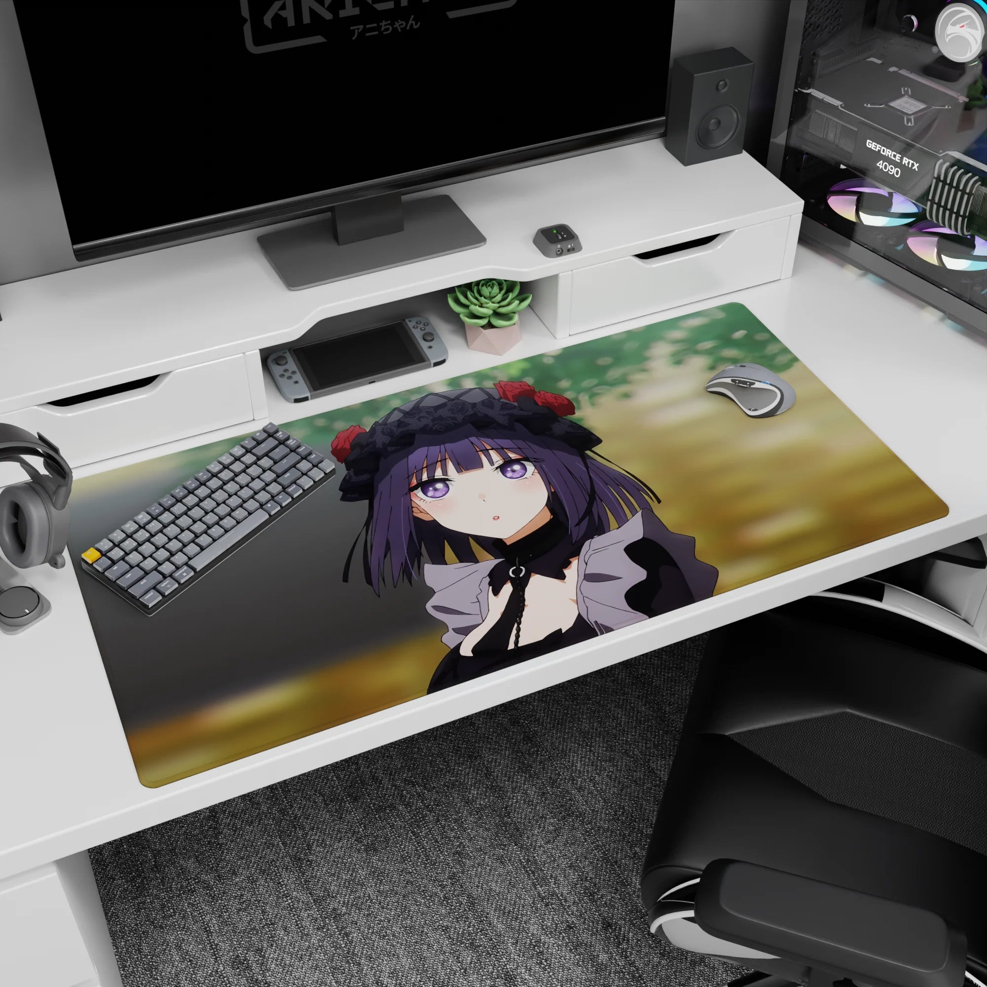 Rikka Takarada from SSSS.GRIDMAN gazing up in a black lace bonnet on desk pad, 40x20 inches.