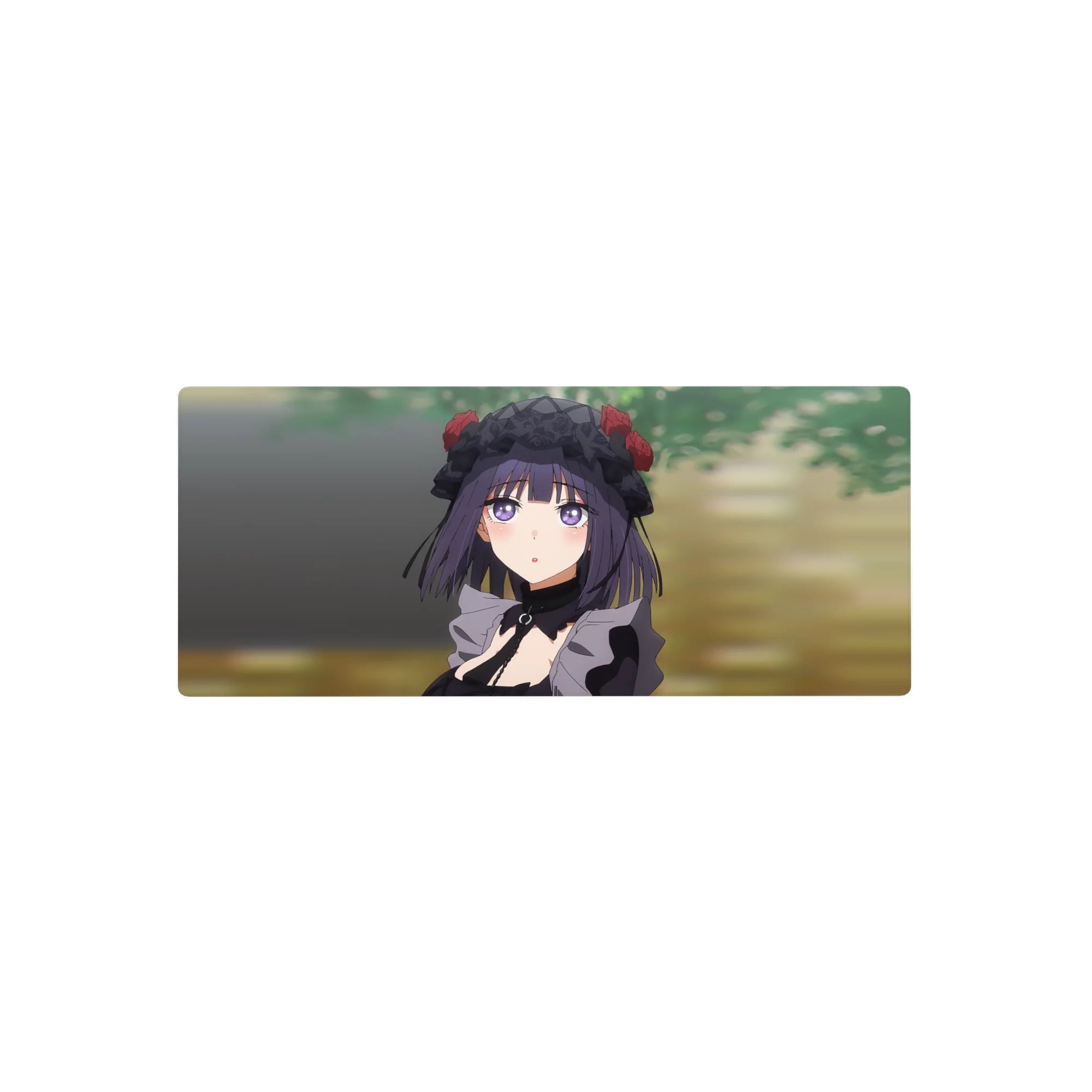 Goth-cute anime girl mouse pad 28x12 inches with lace bonnet, red roses, violet eyes, soft desk art.
