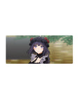 Goth-cute anime girl mouse pad 28x12 inches with lace bonnet, red roses, violet eyes, soft desk art.