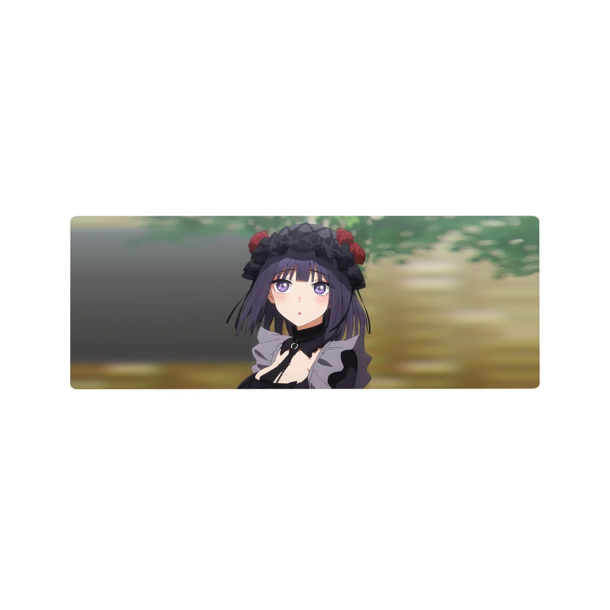 32x12 inches anime girl mouse pad with goth-cute art, lace bonnet and red roses, violet eyes.
