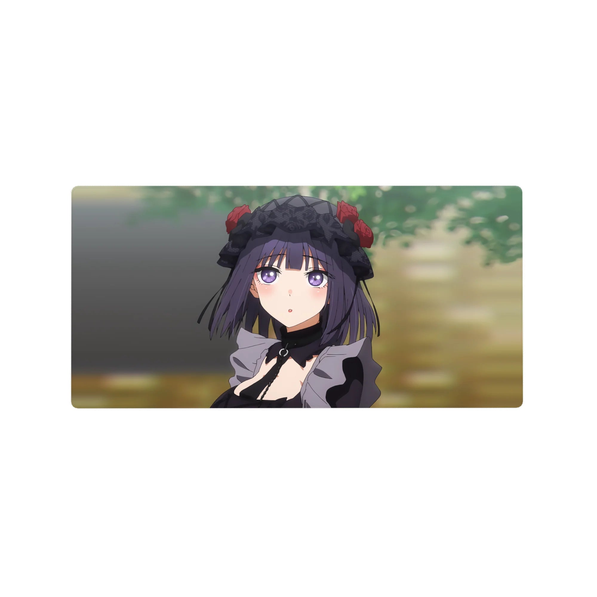 32x16 inches anime girl mouse pad with goth-cute Rikka art, lace bonnet and red roses, green backdrop.