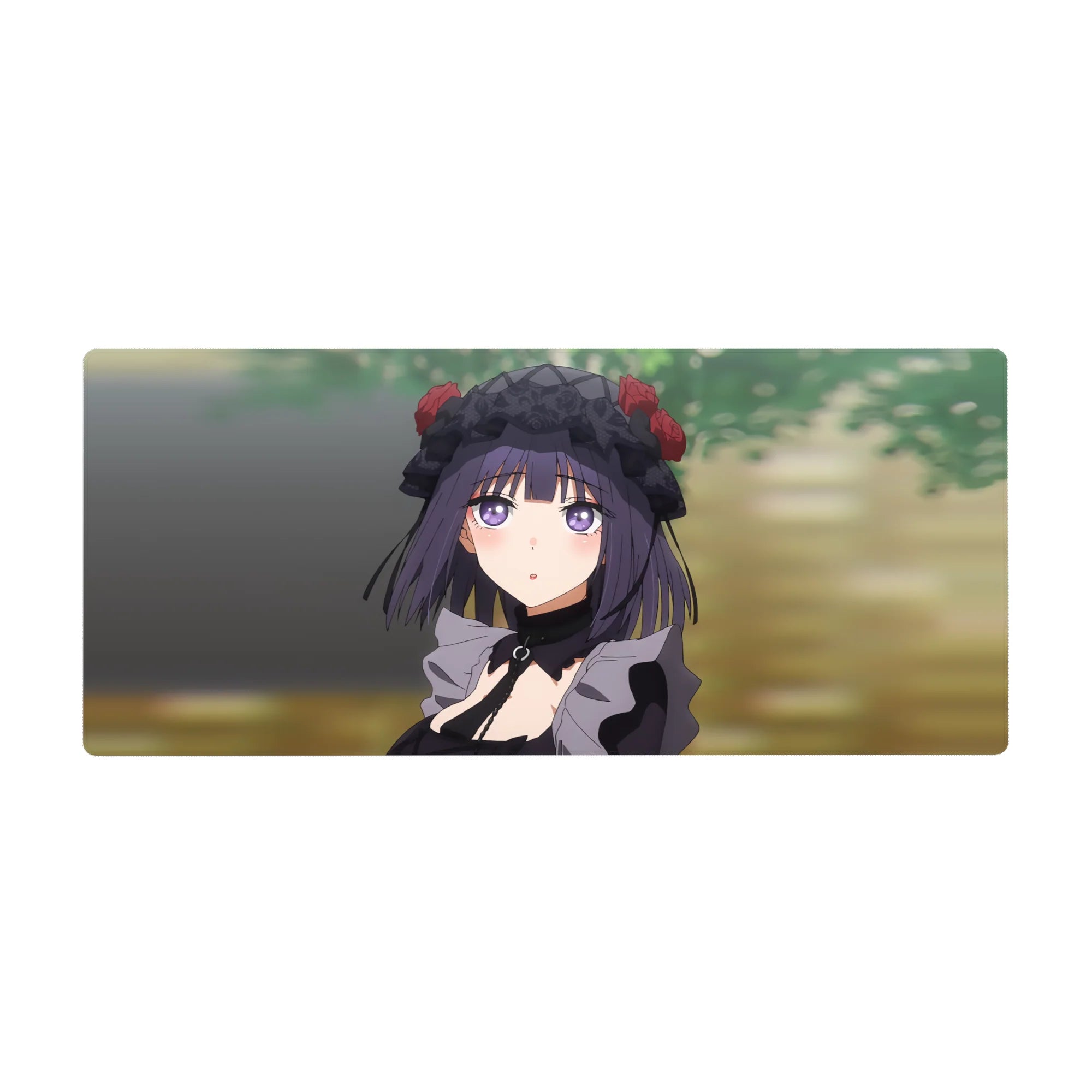 Anime girl desk pad 36x16 inches with goth-cute art, lace bonnet, red roses, violet eyes, green backdrop.