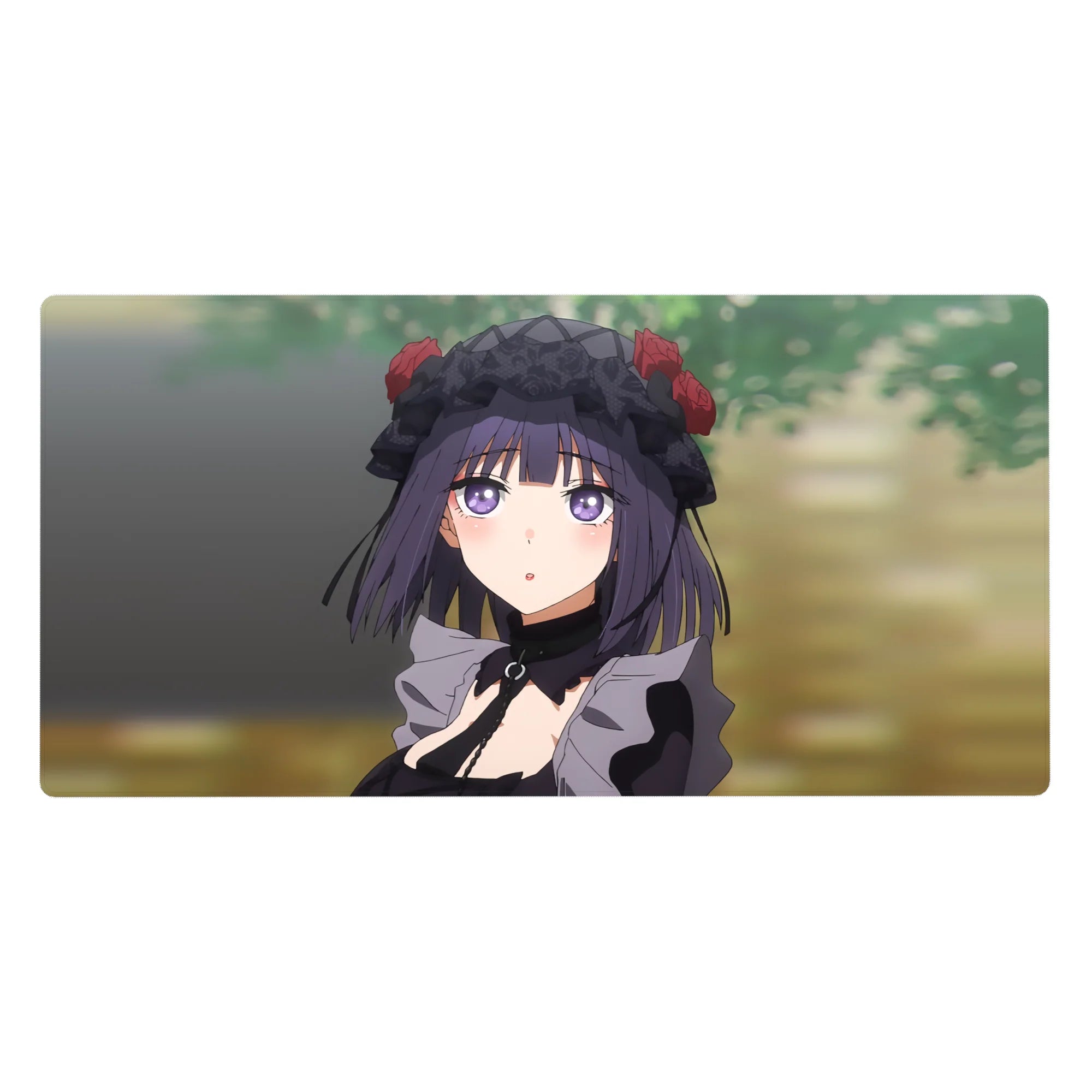 Goth-cute anime girl desk pad with lace bonnet, red roses, violet eyes, 40x20 inches.