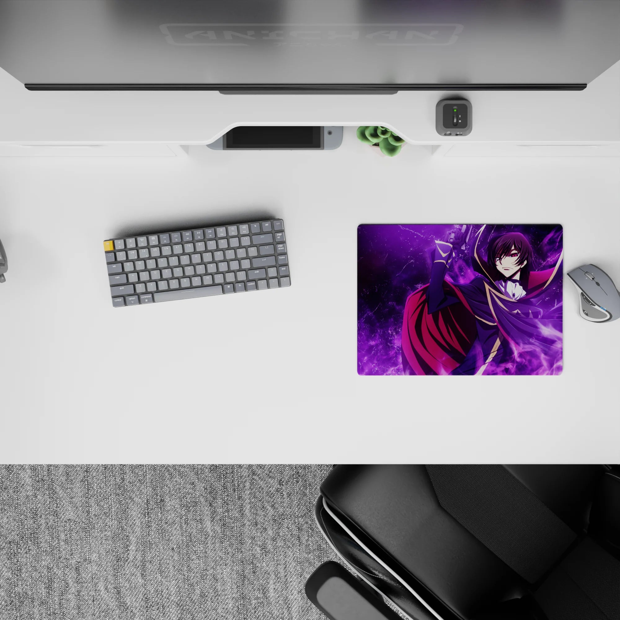 Dark purple anime mouse pad 14x10 inches with violet smoke, high-contrast shadows, and dramatic sigil.