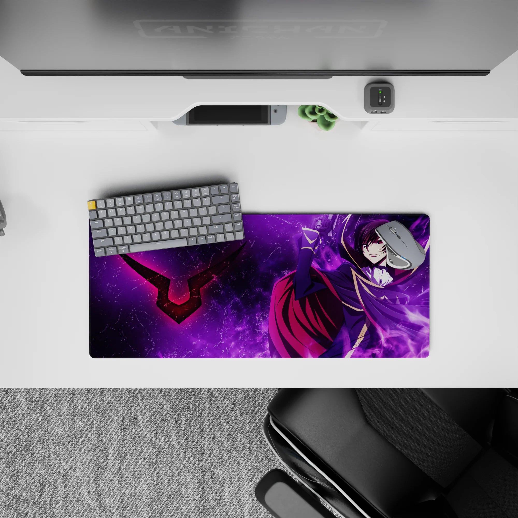 28x12 inches anime mouse pad in deep purples with violet smoke, high-contrast shadows, and electric energy.