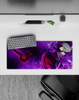 28x12 inches anime mouse pad in deep purples with violet smoke, high-contrast shadows, and electric energy.