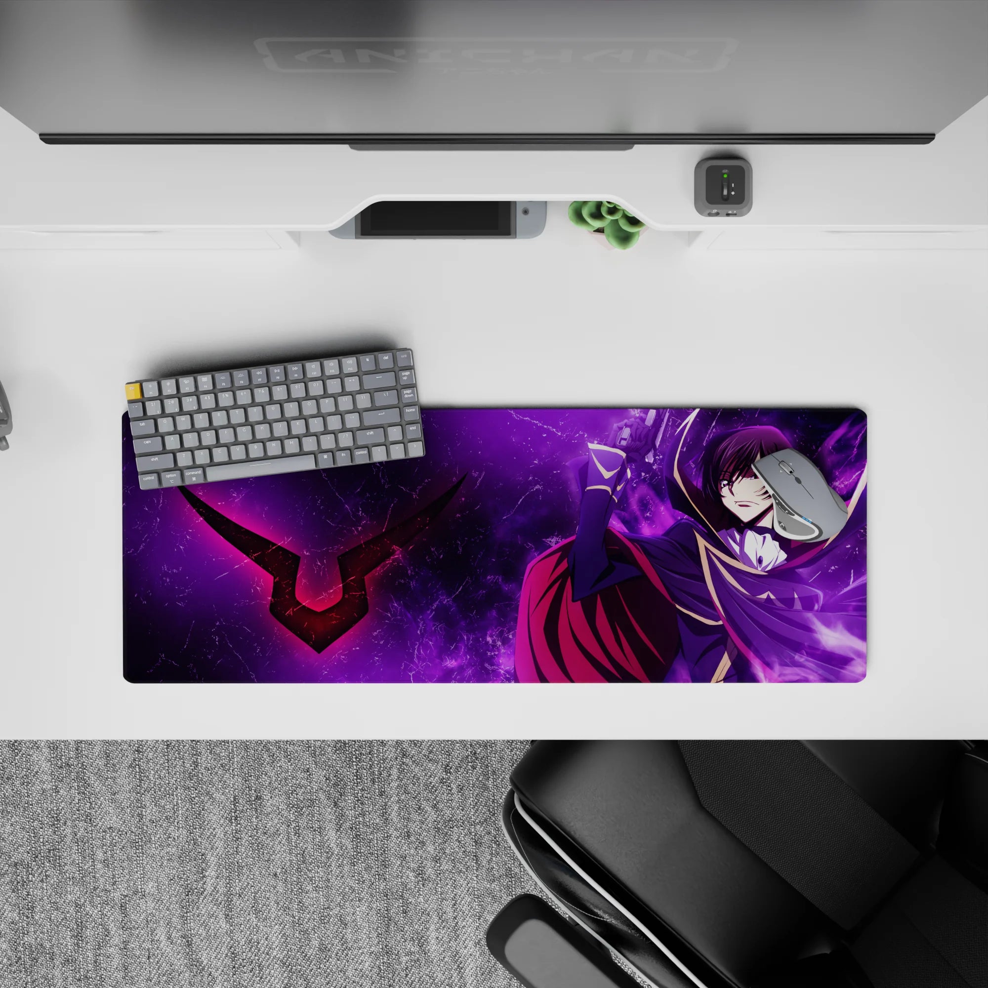 32x12 inches anime mouse pad in deep purples with violet smoke, high-contrast shadows, and dramatic energy.