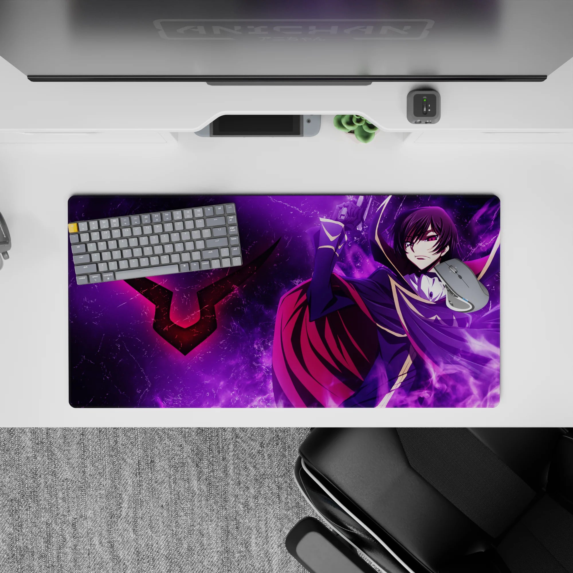 32x16 inches anime mouse pad in deep purples with violet smoke and lightning for a dramatic, high-contrast mood.