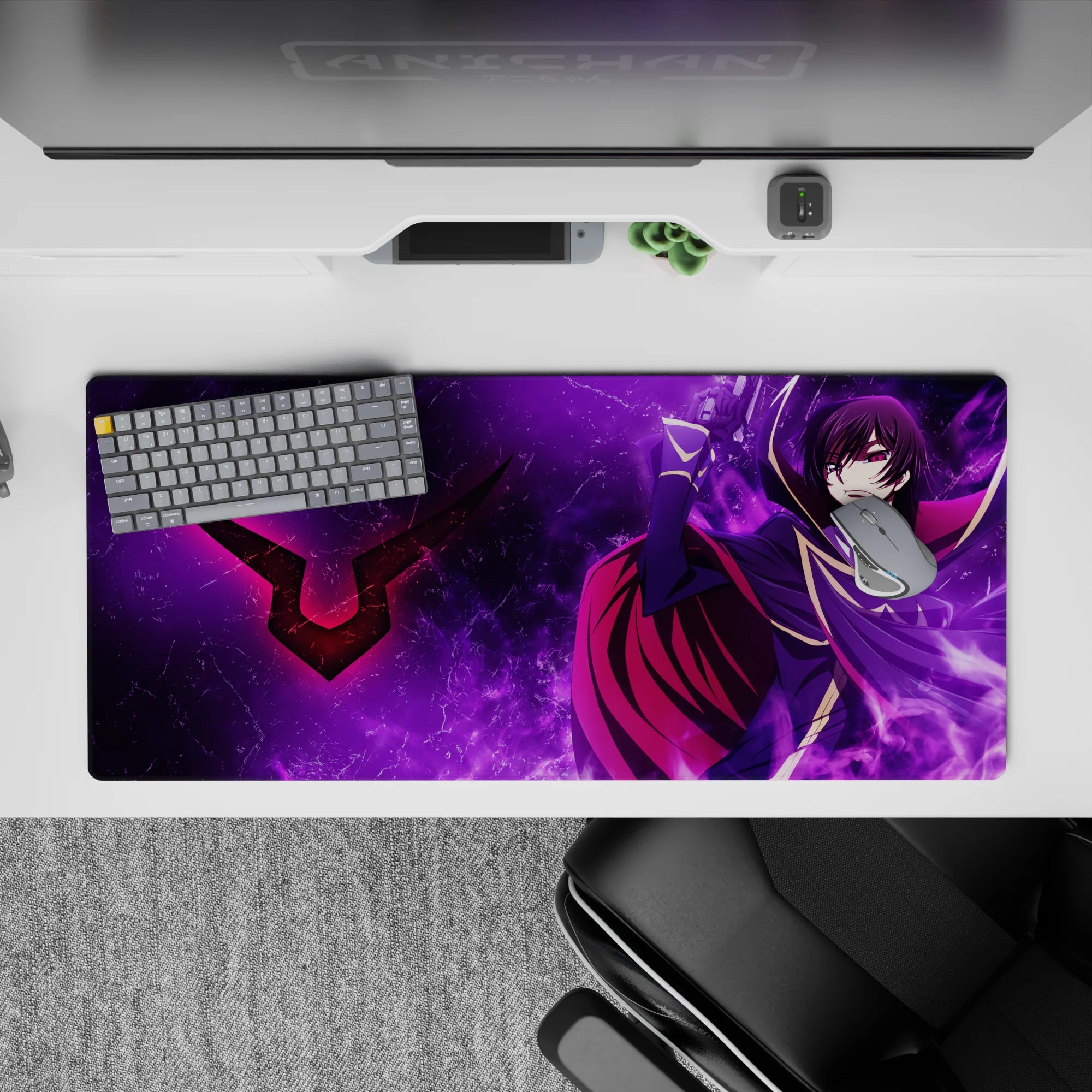 Anime desk pad 36x16 inches in deep purples with violet smoke, crackling lightning, and high-contrast drama.