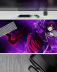 40x20 inches anime desk pad in deep purples with violet smoke, high-contrast shadows, intense dramatic vibe.