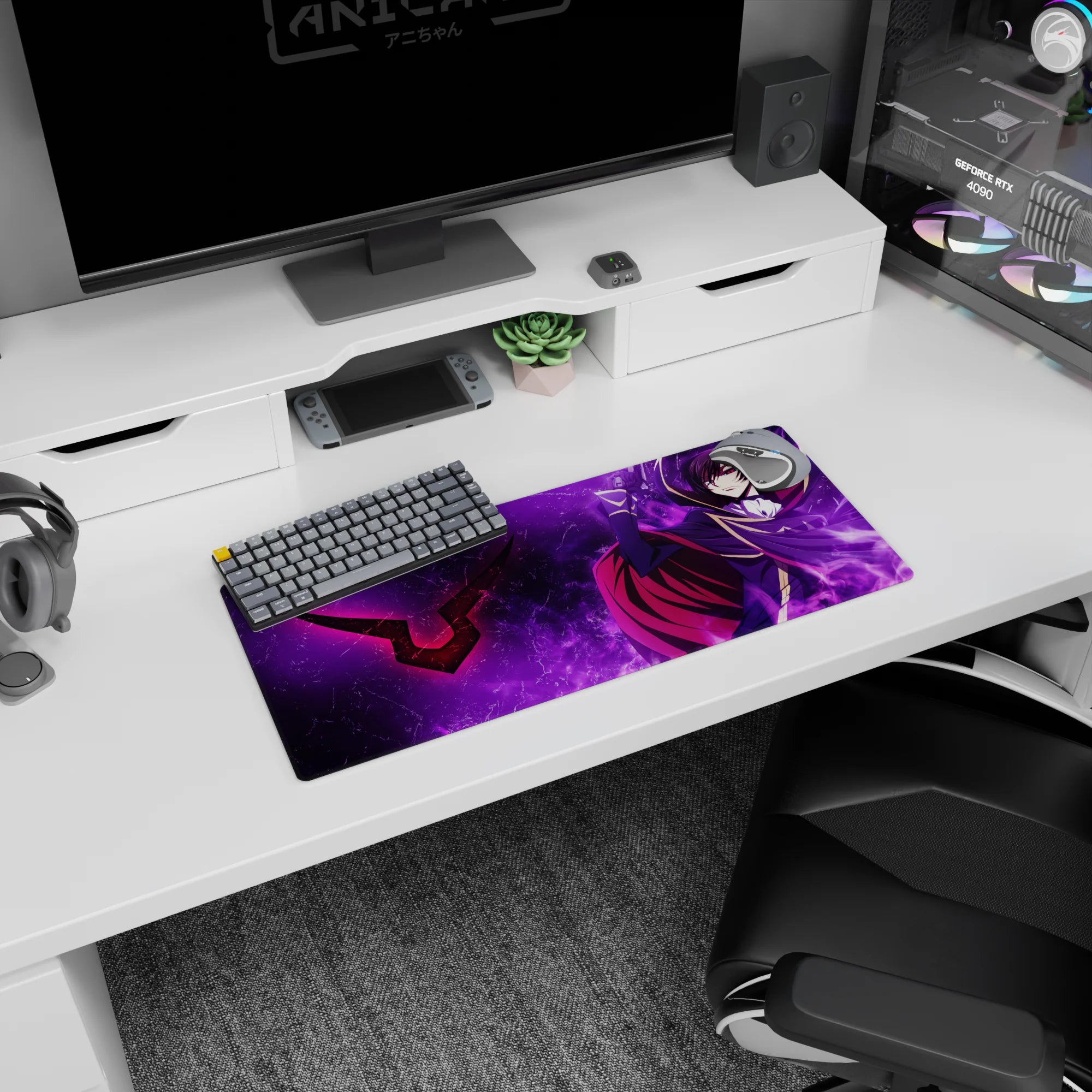 28x12 inches Lelouch Lamperouge mouse pad, dark uniform and red cape sweeping through violet lightning.