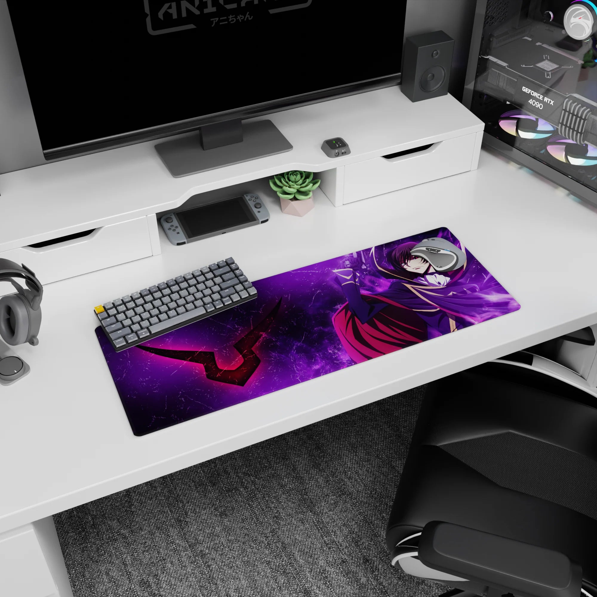 32x12 inches anime mouse pad featuring Lelouch Lamperouge, gold-trim uniform and sweeping cape in violet storm.