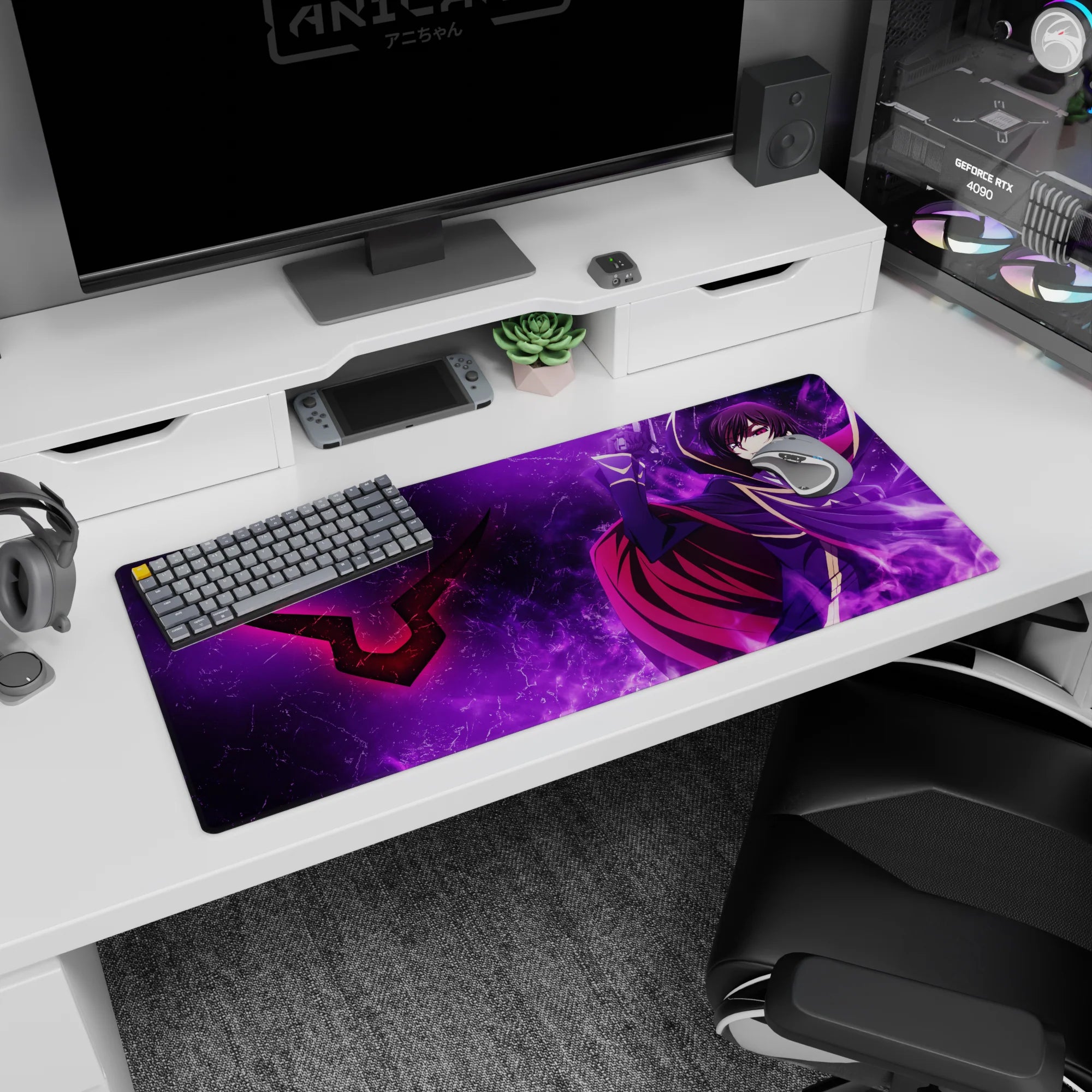 Anime desk pad 36x16 inches featuring Lelouch Lamperouge staring ahead as a crimson cape sweeps through.