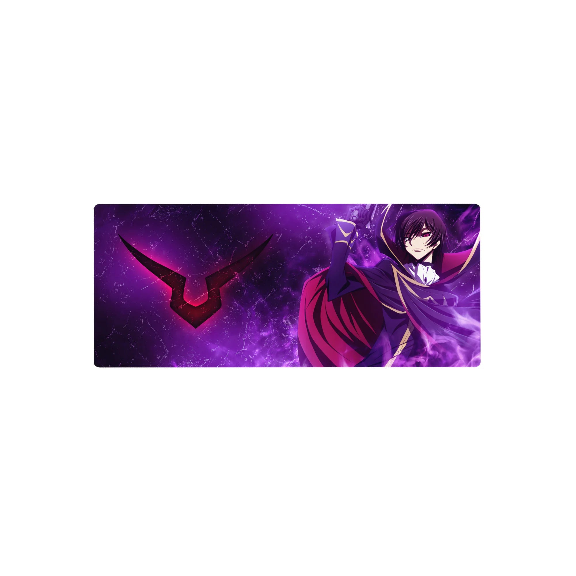 28x12 inches anime mouse pad with uniformed hero, gold trim, crimson cape, and sigil on lightning backdrop.