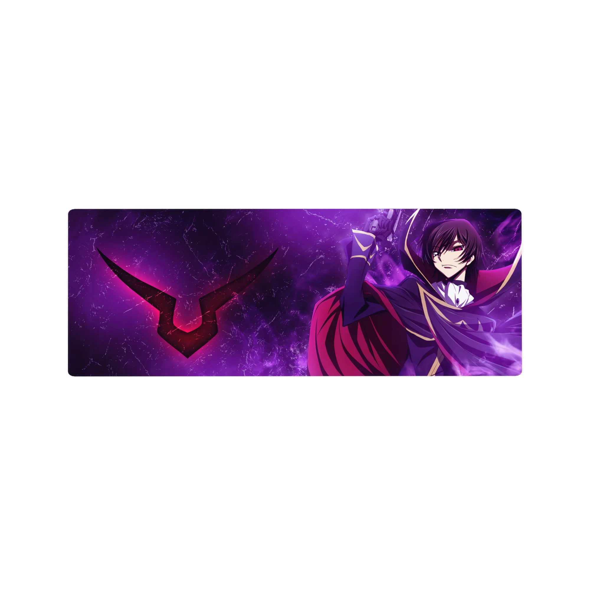 32x12 inches anime mouse pad with Lelouch in dark uniform, crimson cape, and lightning sigil backdrop.