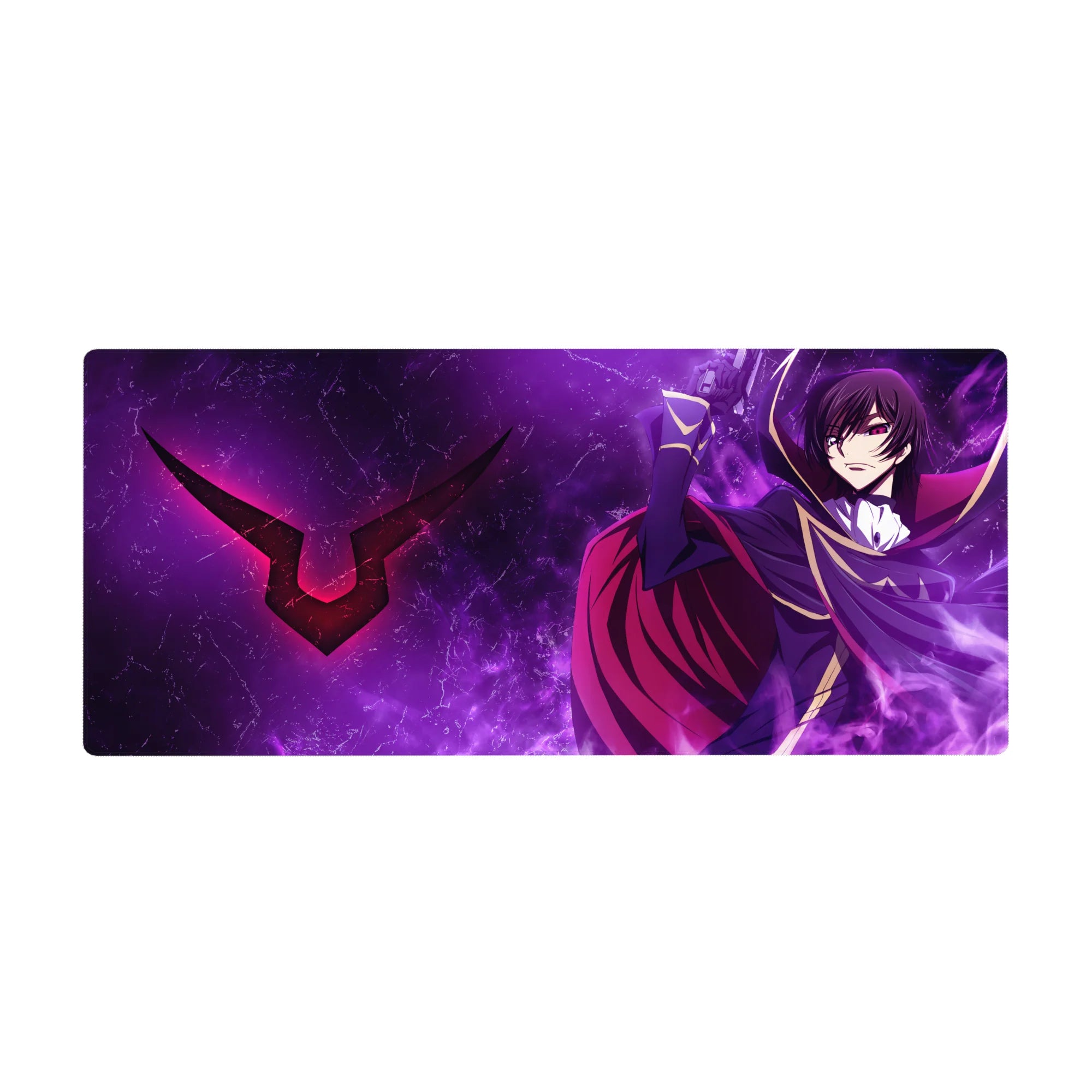 Anime desk pad 36x16 inches with Lelouch in dark uniform, gold trim, crimson cape, and sigil lightning.