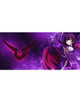 Anime desk pad 36x16 inches with Lelouch in dark uniform, gold trim, crimson cape, and sigil lightning.