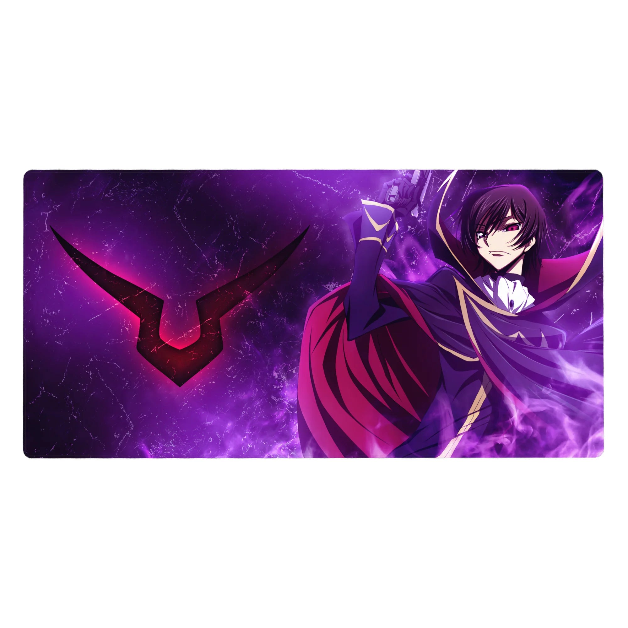 40x20 inches anime desk pad with Lelouch in dark uniform, gold trim, crimson cape, lightning sigil backdrop.