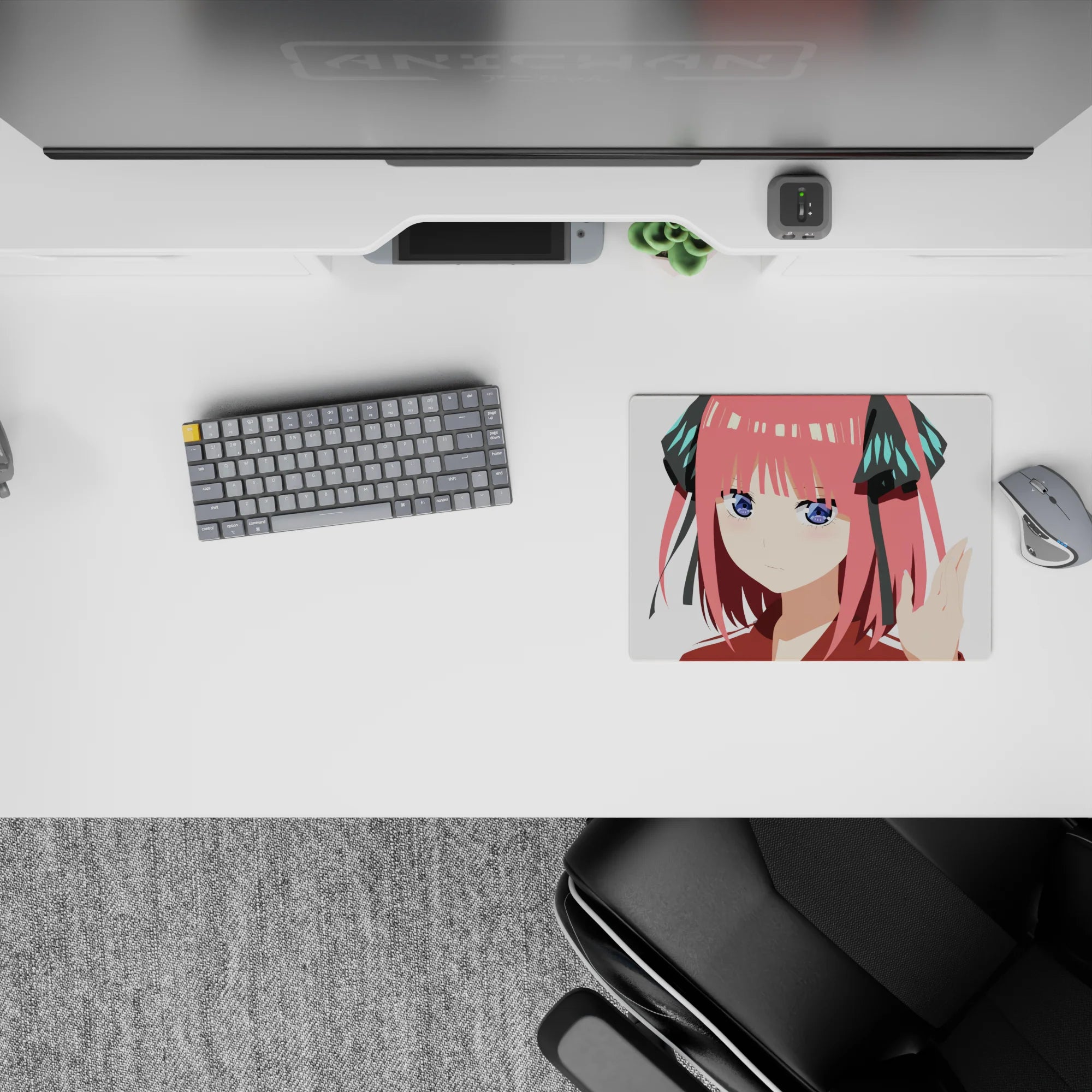 Candy pink hair anime mouse pad 14x10 inches with black ribbons, teal accents, crisp contrast, playful vibe.
